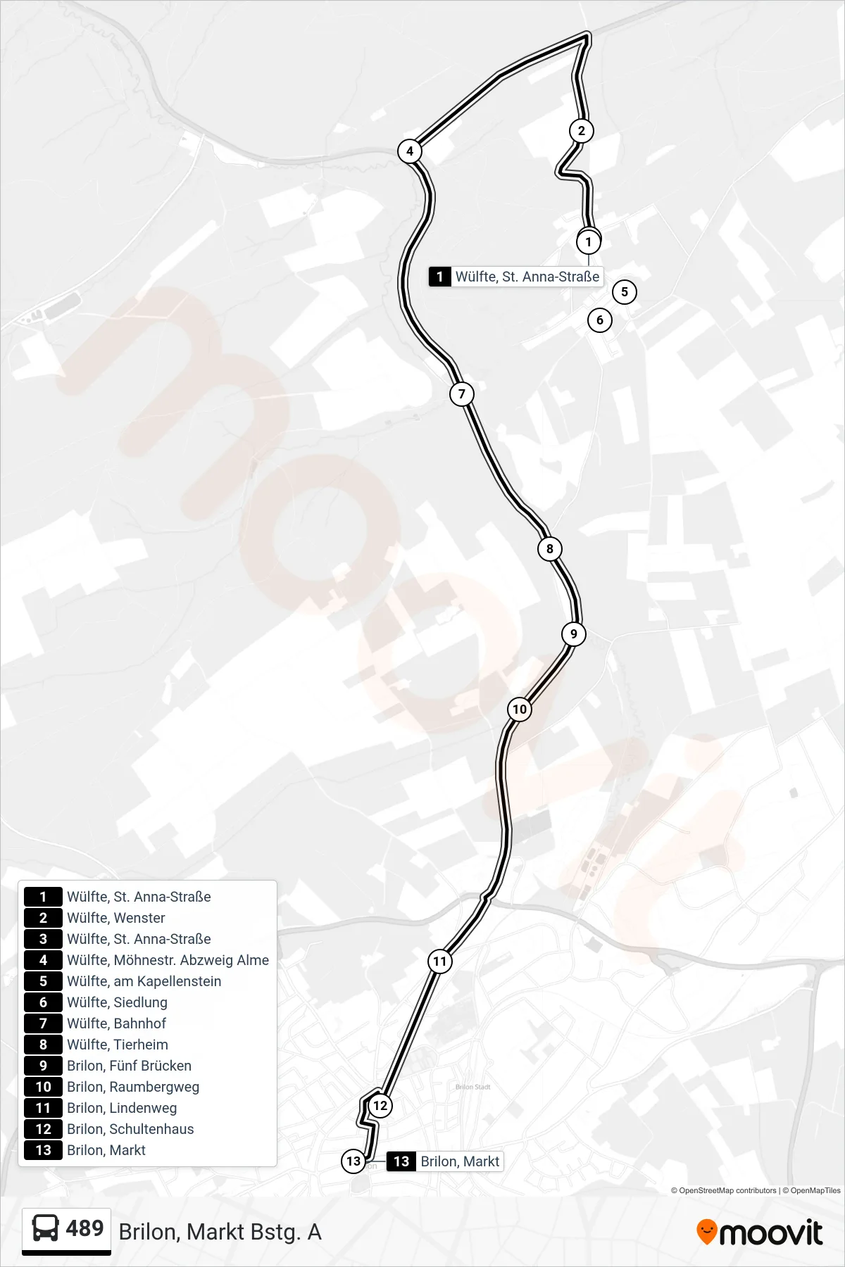 489 bus Line (Brilon, Markt Bstg. A) route and stops on a map