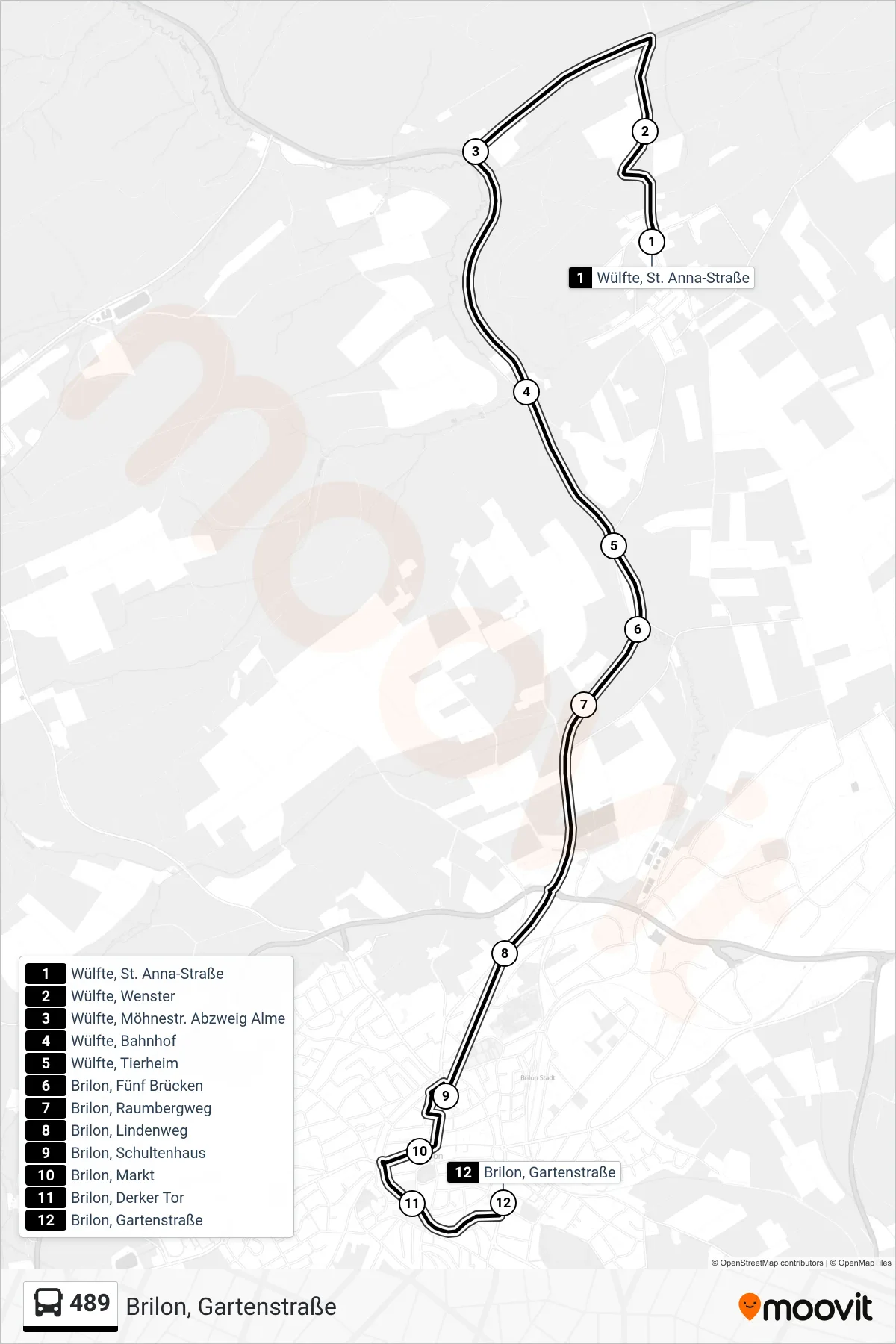 489 bus Line (Brilon, Gartenstraße) route and stops on a map
