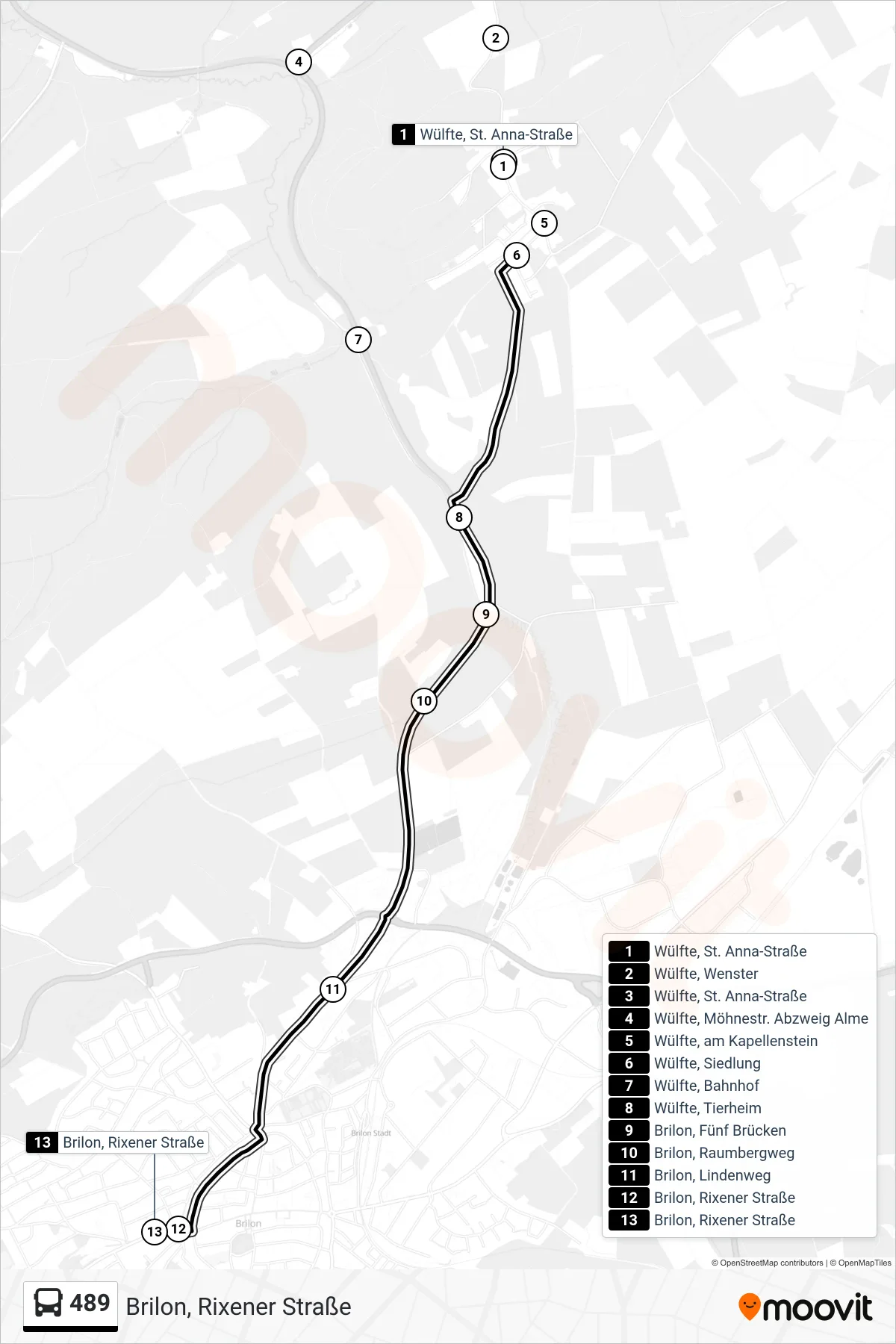 Linie 489 (Bus) Richtung Brilon, Rixener Straße: Route und Haltestellen auf der Karte