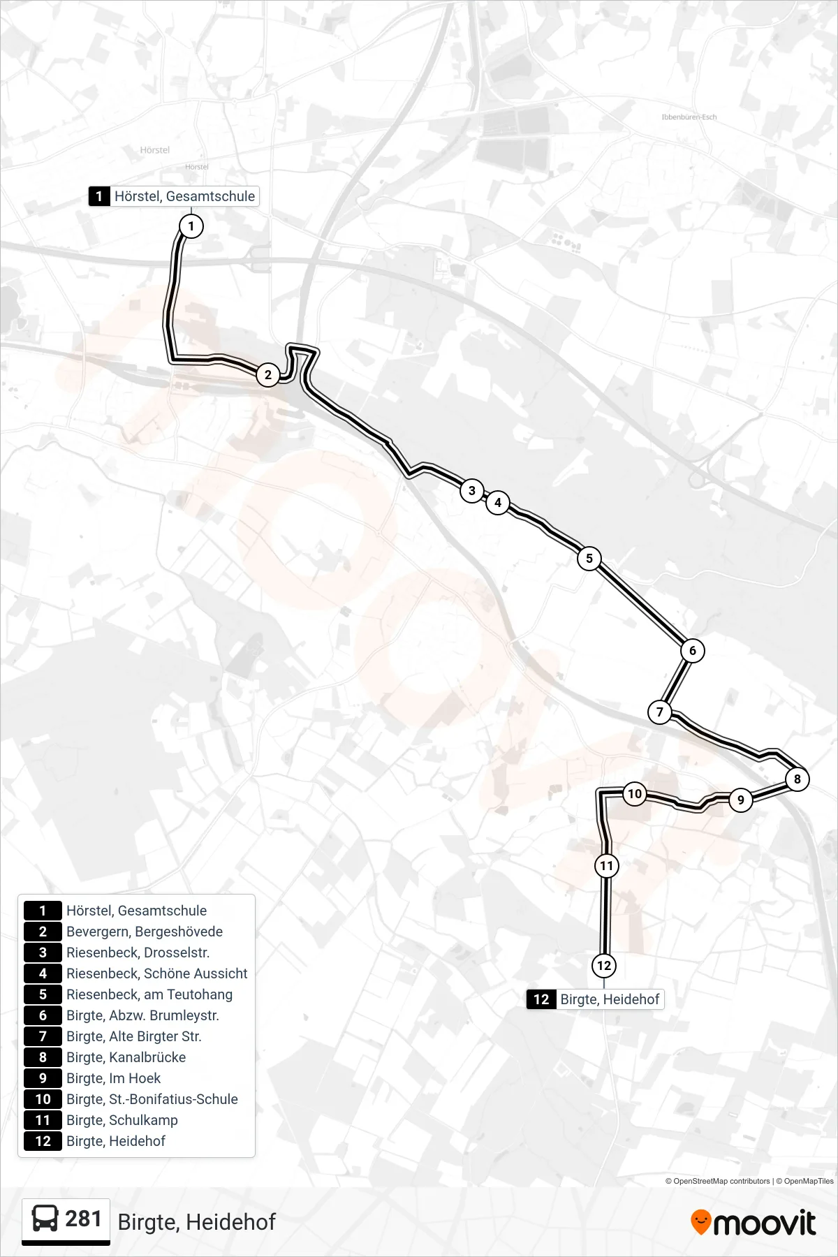 Linie 281 (Bus) Richtung Birgte, Heidehof: Route und Haltestellen auf der Karte