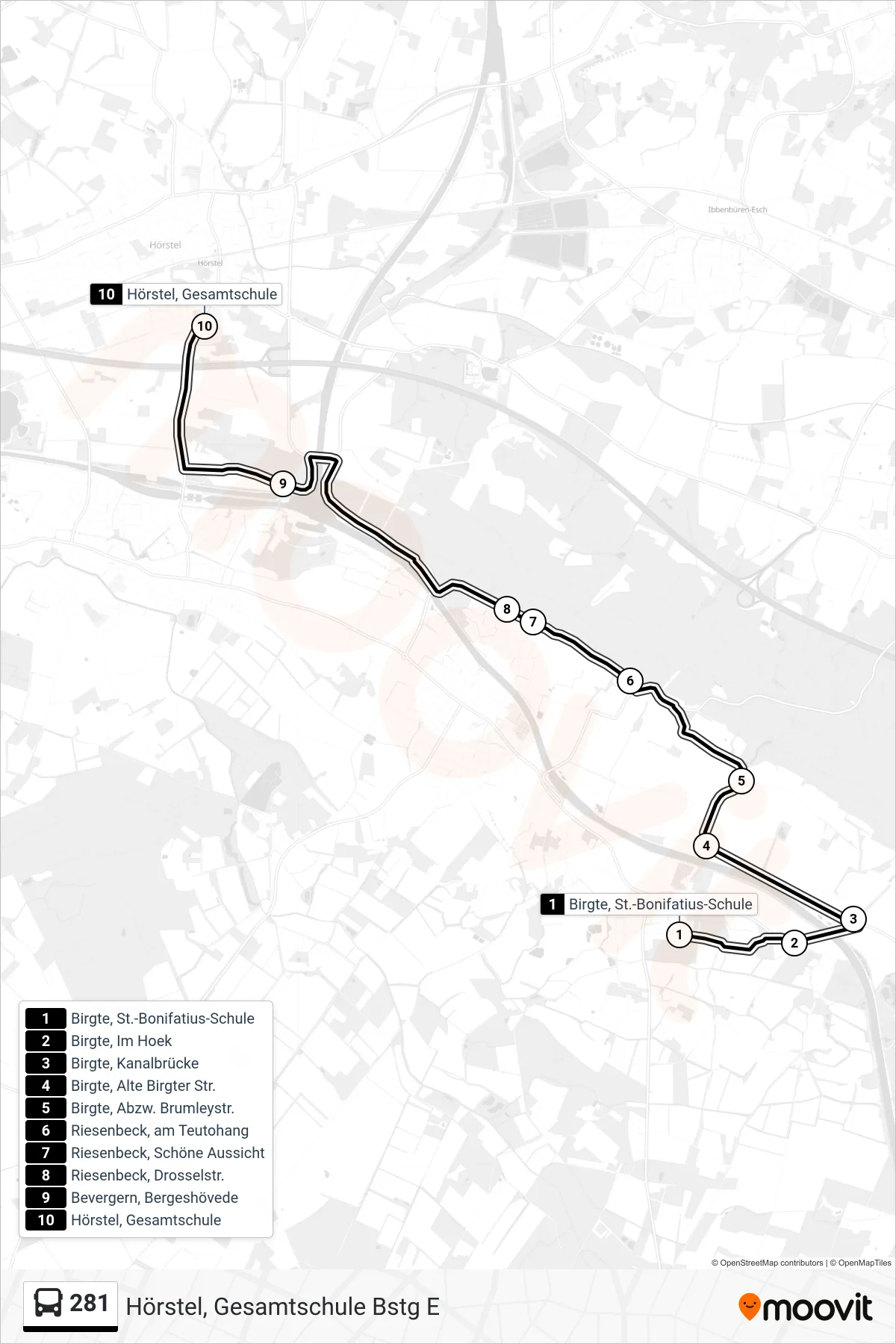 281 bus Line (Hörstel, Gesamtschule Bstg E) route and stops on a map