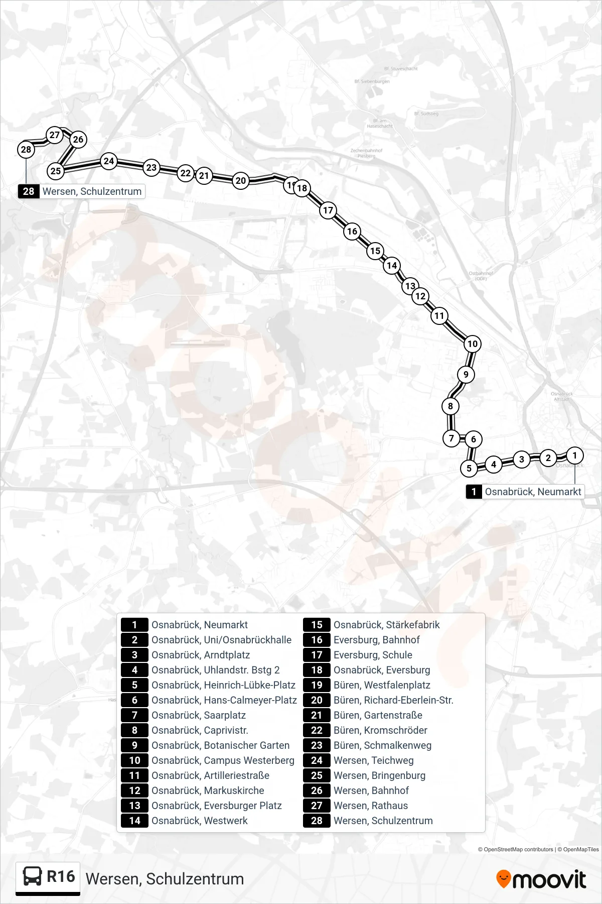 R16 bus Line (Wersen, Schulzentrum) route and stops on a map