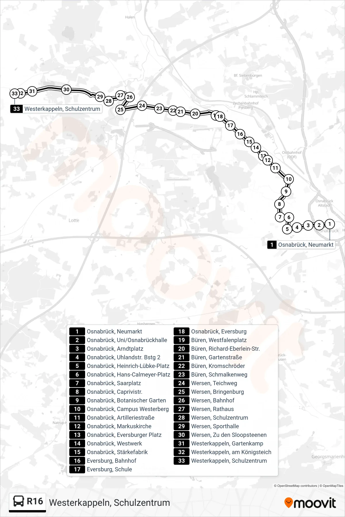 R16 bus Line (Westerkappeln, Schulzentrum) route and stops on a map