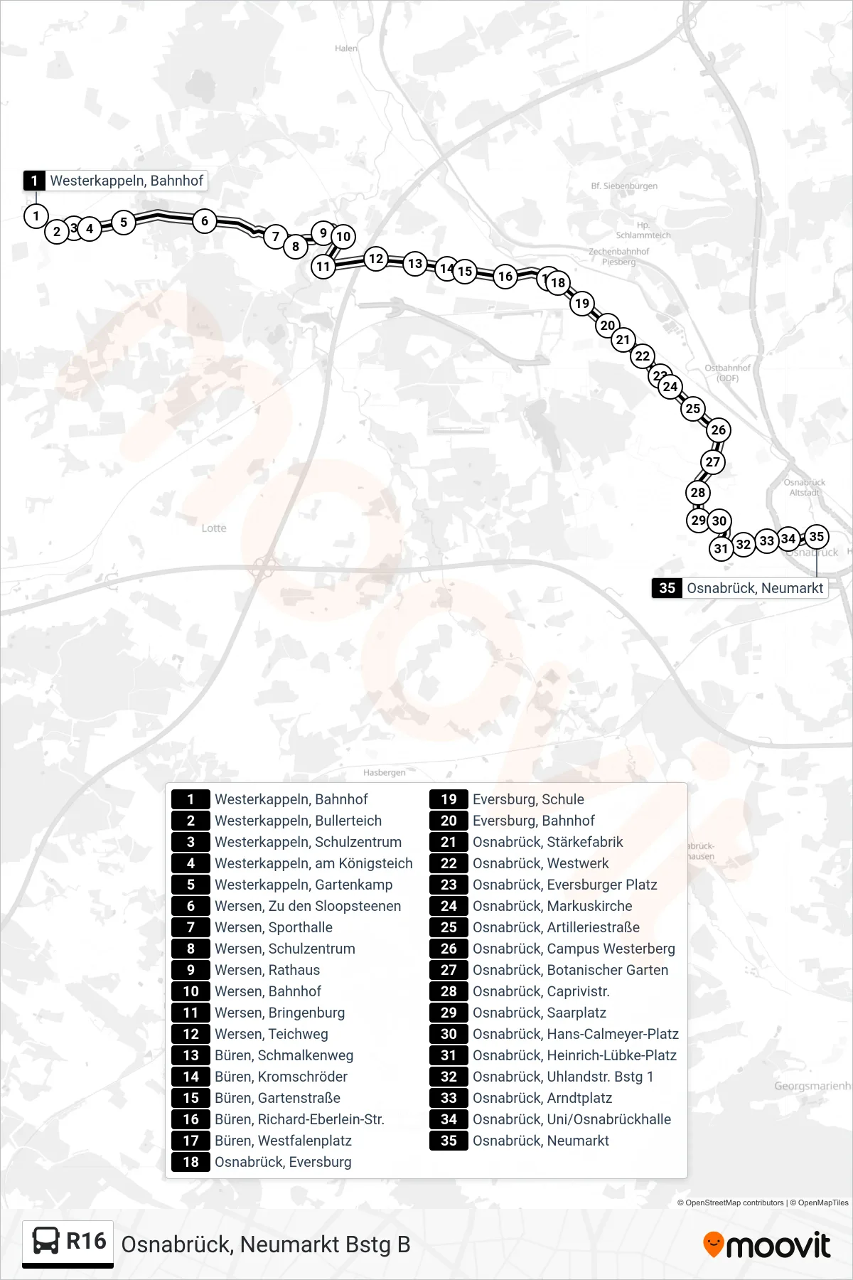 R16 bus Line (Osnabrück, Neumarkt Bstg B) route and stops on a map