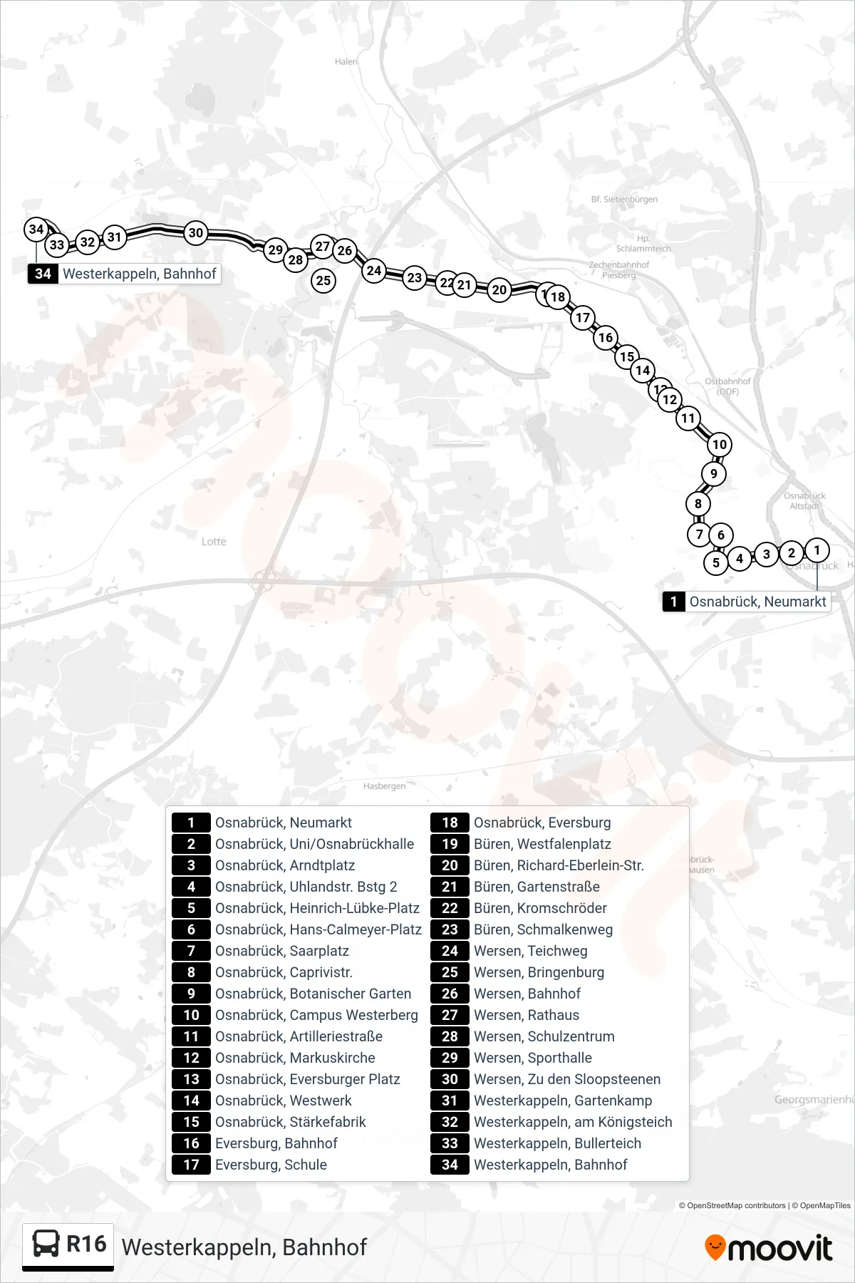 Linie R16 (Bus) Richtung Westerkappeln, Bahnhof: Route und Haltestellen auf der Karte