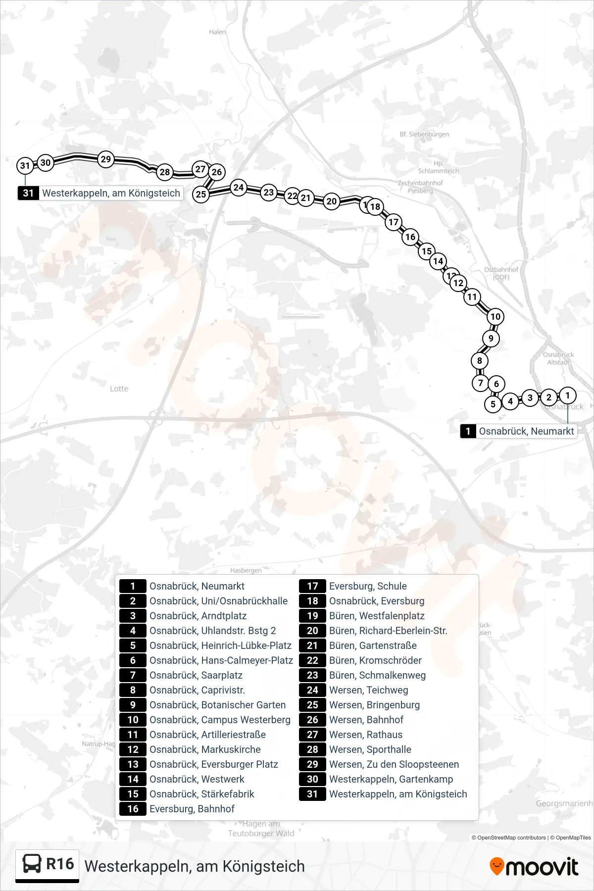 R16 bus Line (Westerkappeln, am Königsteich) route and stops on a map