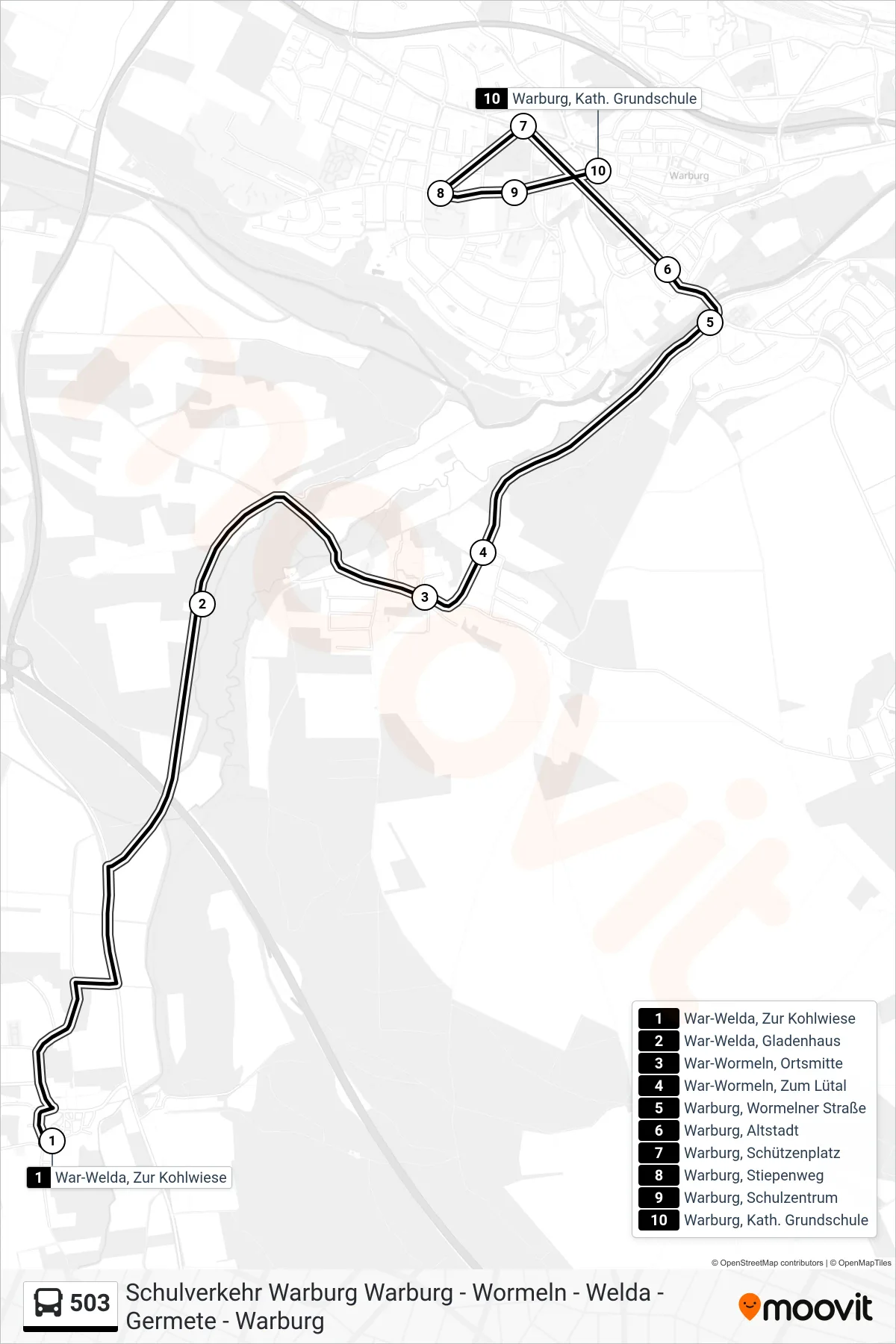 503 bus Line (Warburg, Kath. Grundschule) route and stops on a map