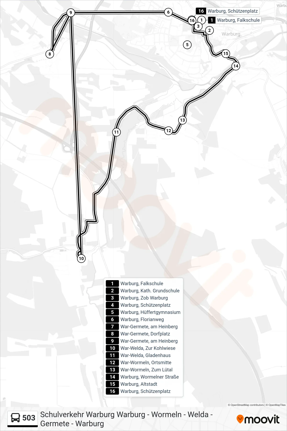 Linie 503 (Bus) Richtung Warburg, Schützenplatz: Route und Haltestellen auf der Karte