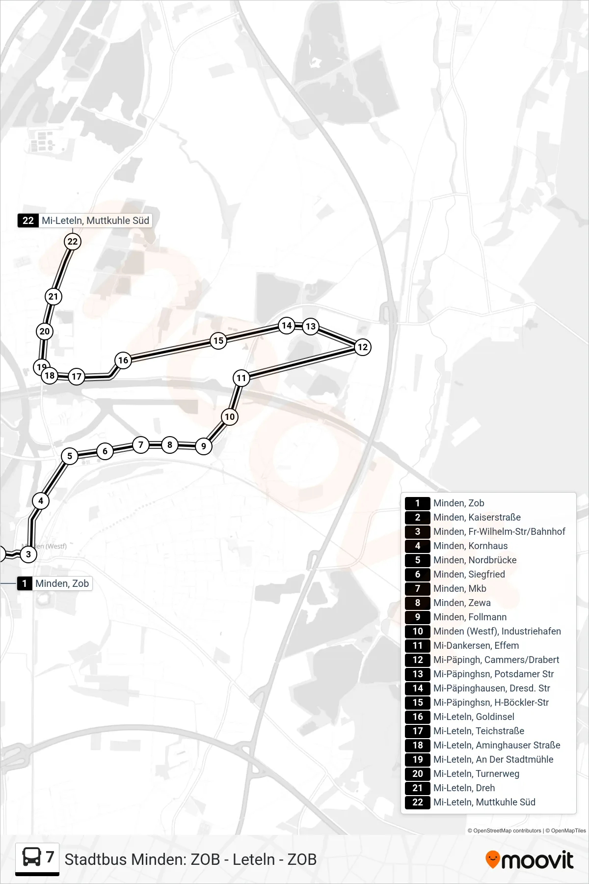 7 bus Line (Mi-Leteln, Muttkuhle Süd) route and stops on a map
