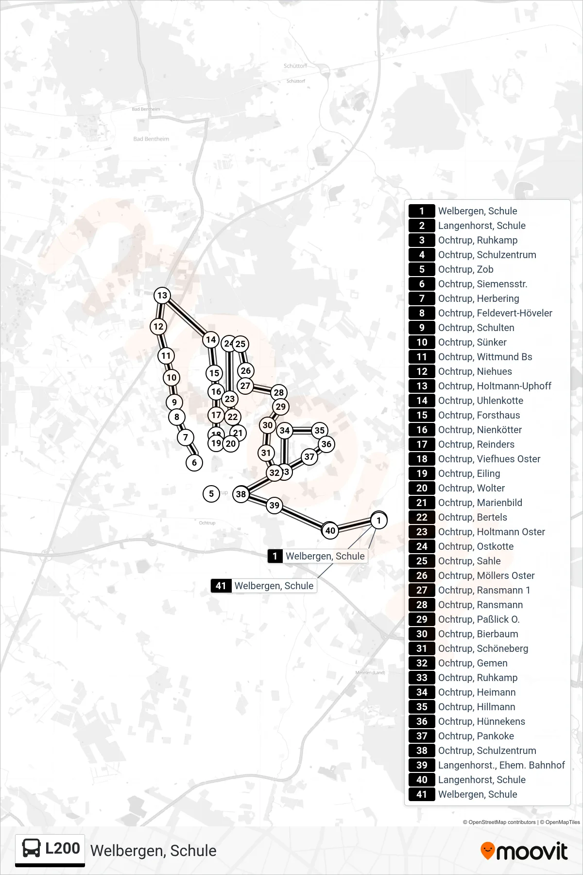 Linie L200 (Bus) Richtung Welbergen, Schule: Route und Haltestellen auf der Karte