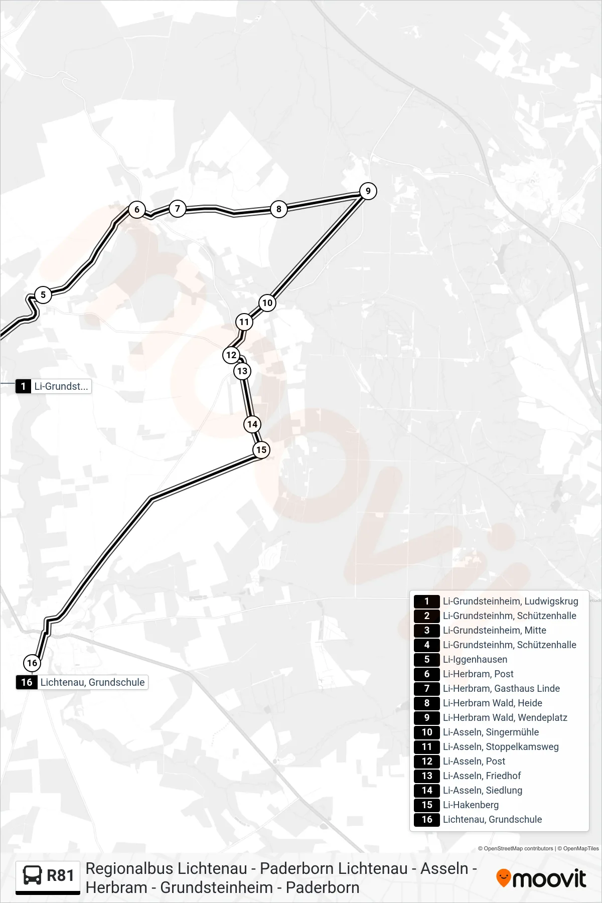 R81 bus Line (Lichtenau, Grundschule) route and stops on a map