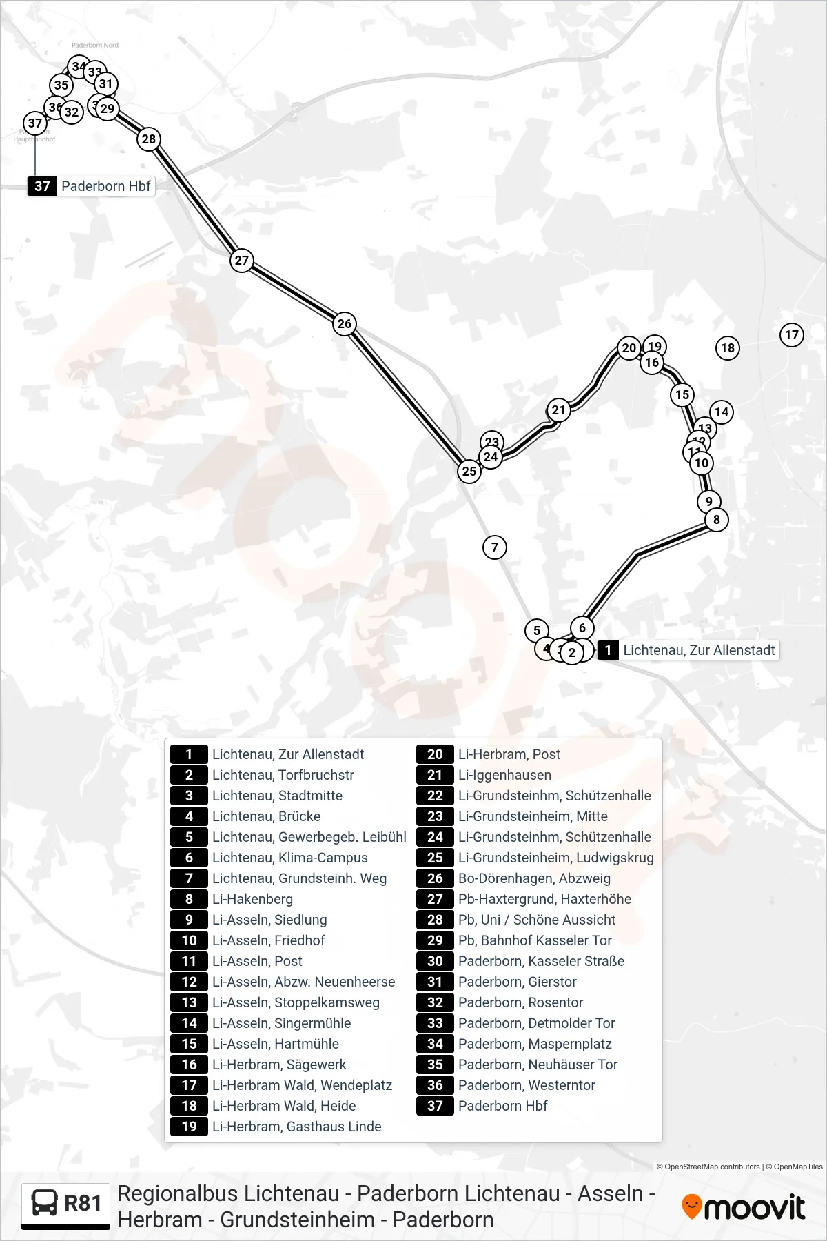 R81 bus Line (Paderborn Hbf Bstg B) route and stops on a map