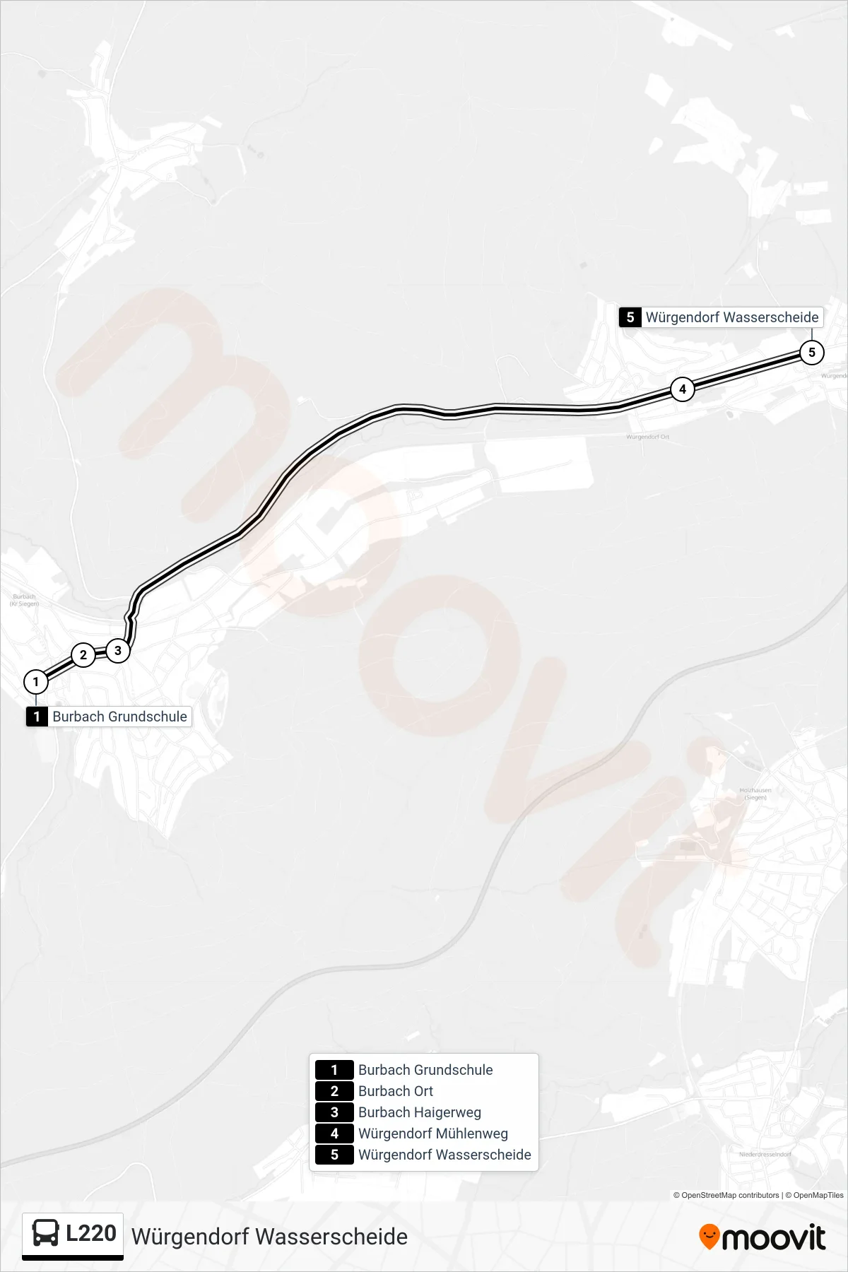 L220 bus Line (Würgendorf Wasserscheide) route and stops on a map
