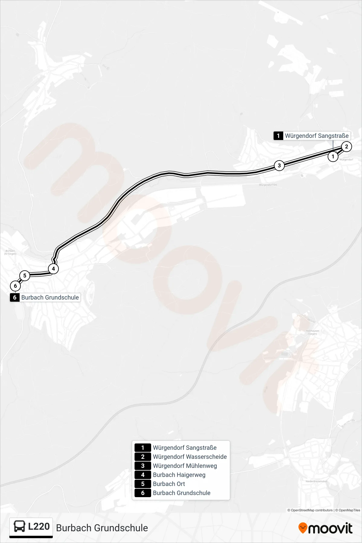 L220 bus Line (Burbach Grundschule) route and stops on a map