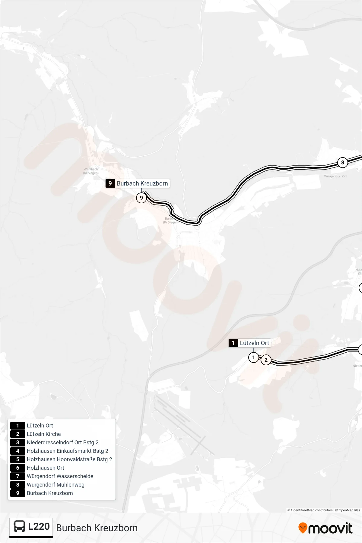 L220 bus Line (Burbach Kreuzborn) route and stops on a map