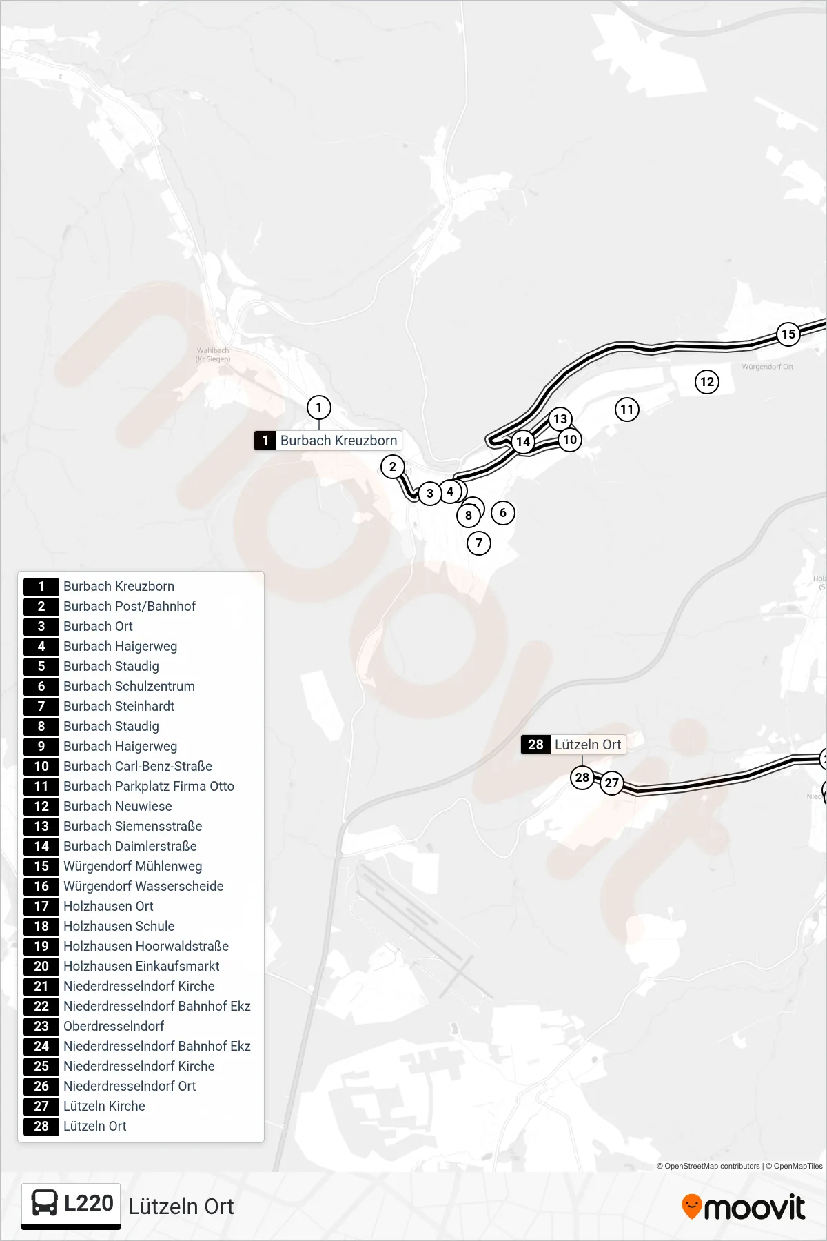 L220 bus Line (Lützeln Ort) route and stops on a map