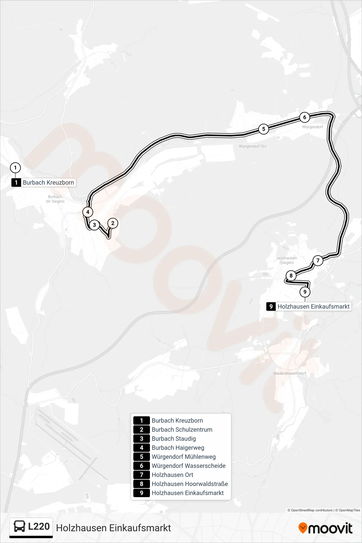 L220 bus Line (Holzhausen Einkaufsmarkt) route and stops on a map
