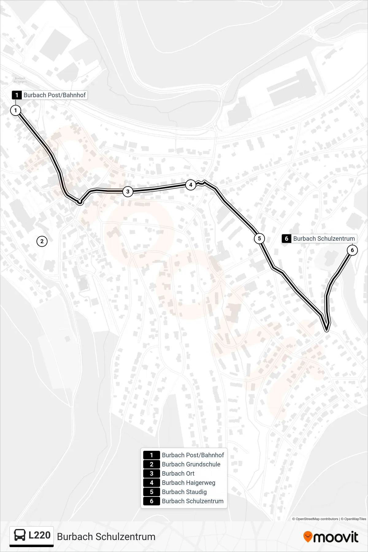 L220 bus Line (Burbach Schulzentrum) route and stops on a map