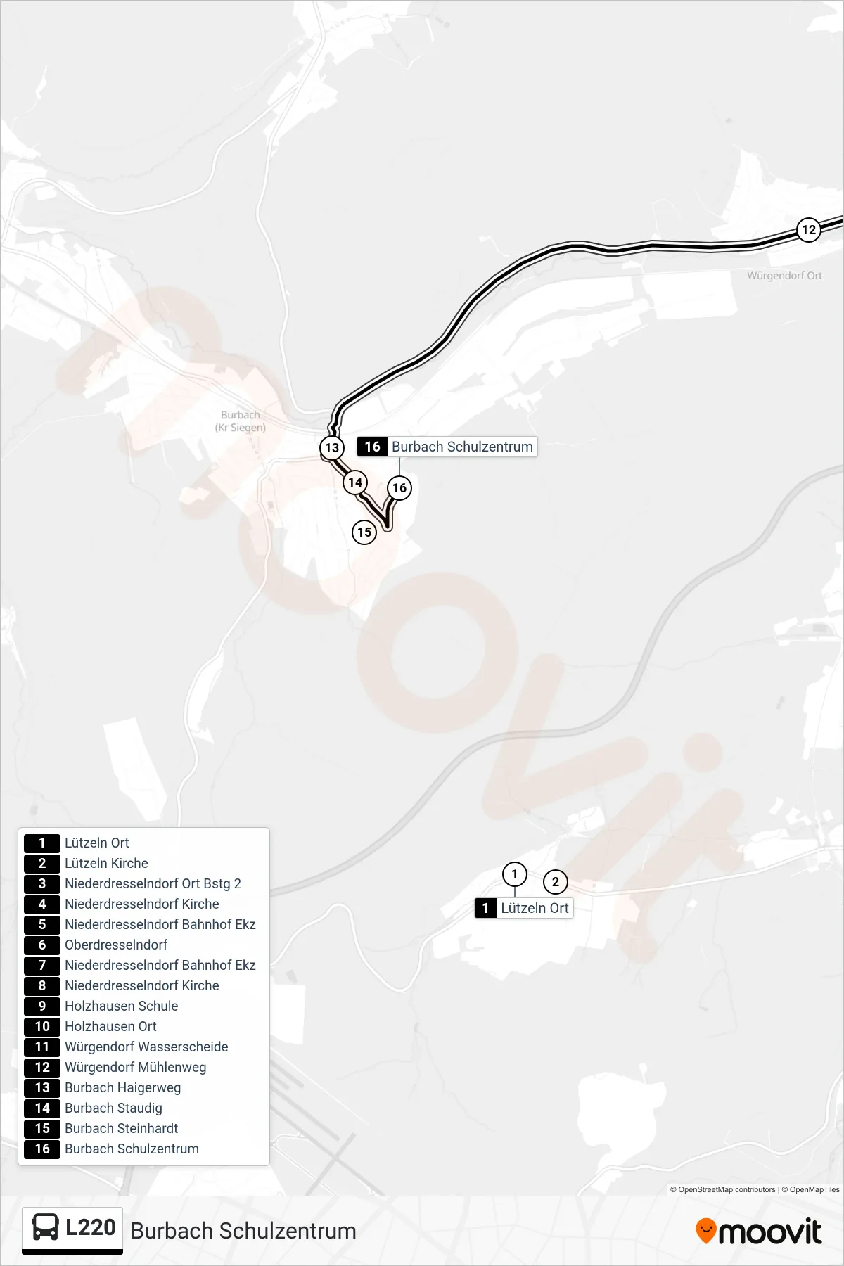L220 bus Line (Burbach Schulzentrum) route and stops on a map