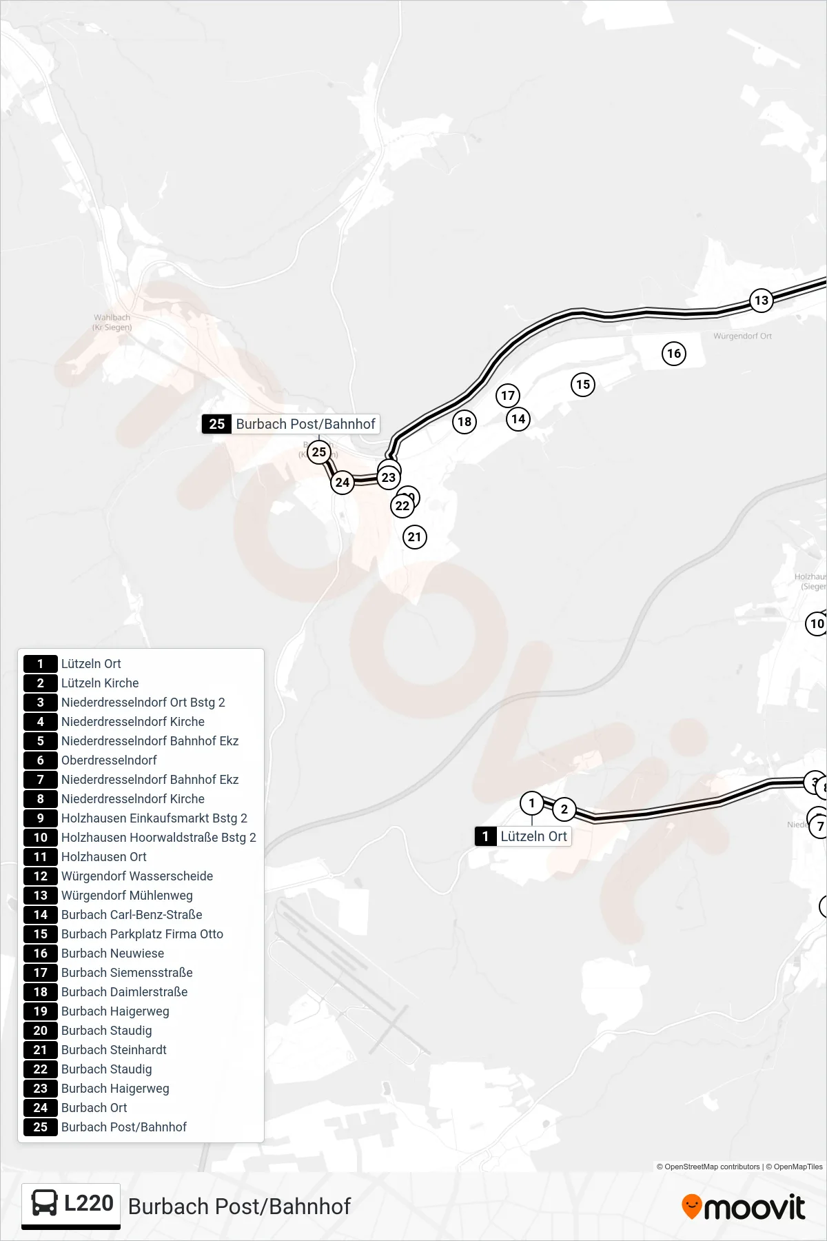 Linie L220 (Bus) Richtung Burbach Post/Bahnhof: Route und Haltestellen auf der Karte