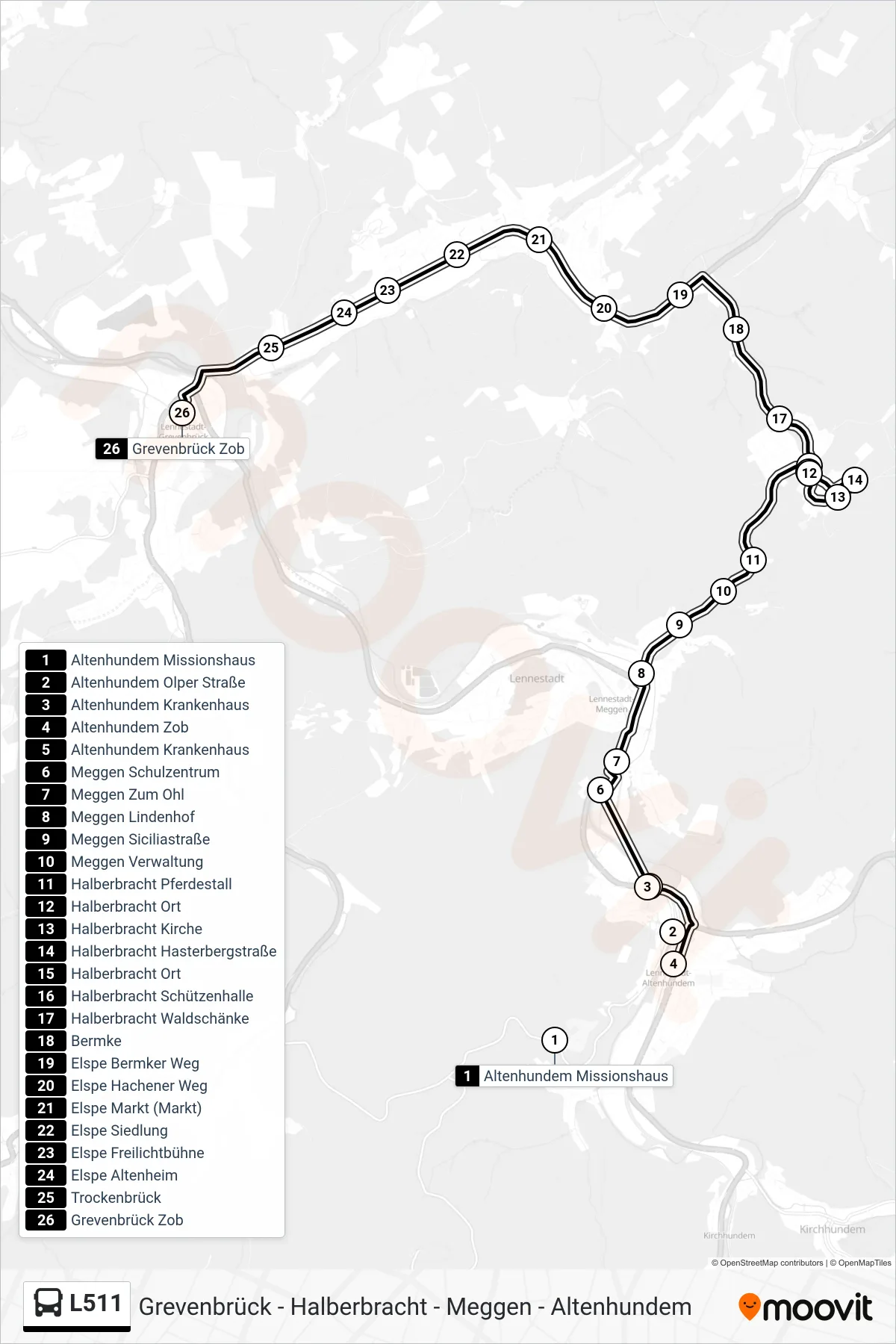 L511 bus Line (Grevenbrück Zob Bstg 1b) route and stops on a map