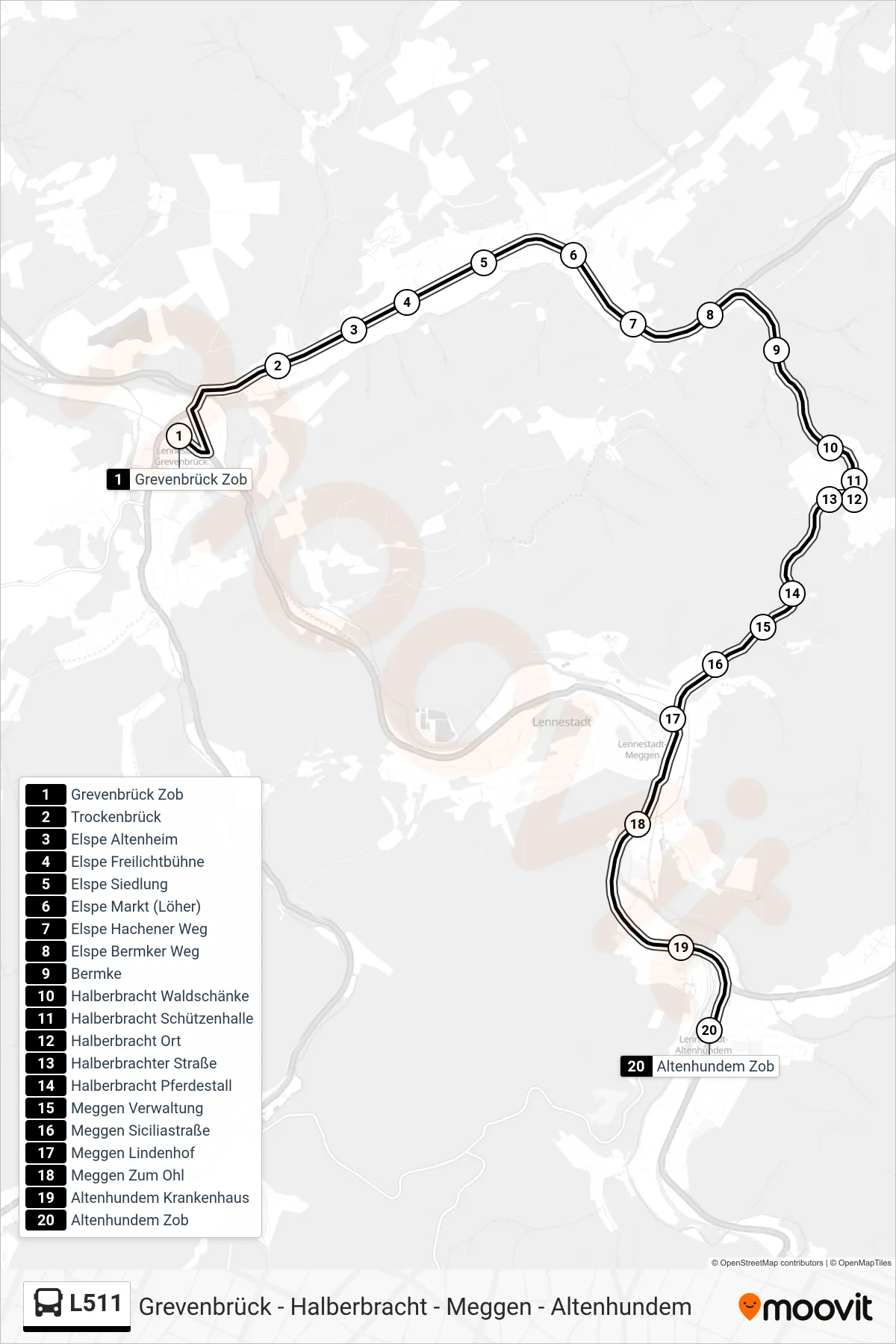 L511 bus Line (Altenhundem Zob Bstg 2c) route and stops on a map