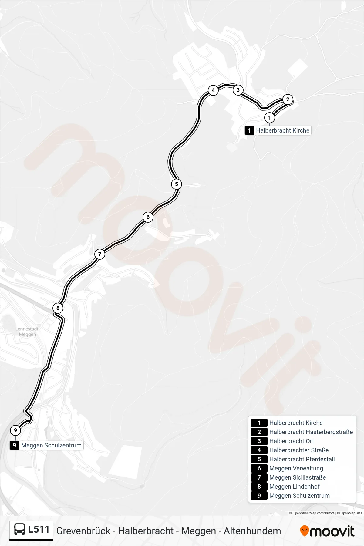 L511 bus Line (Meggen Schulzentrum) route and stops on a map