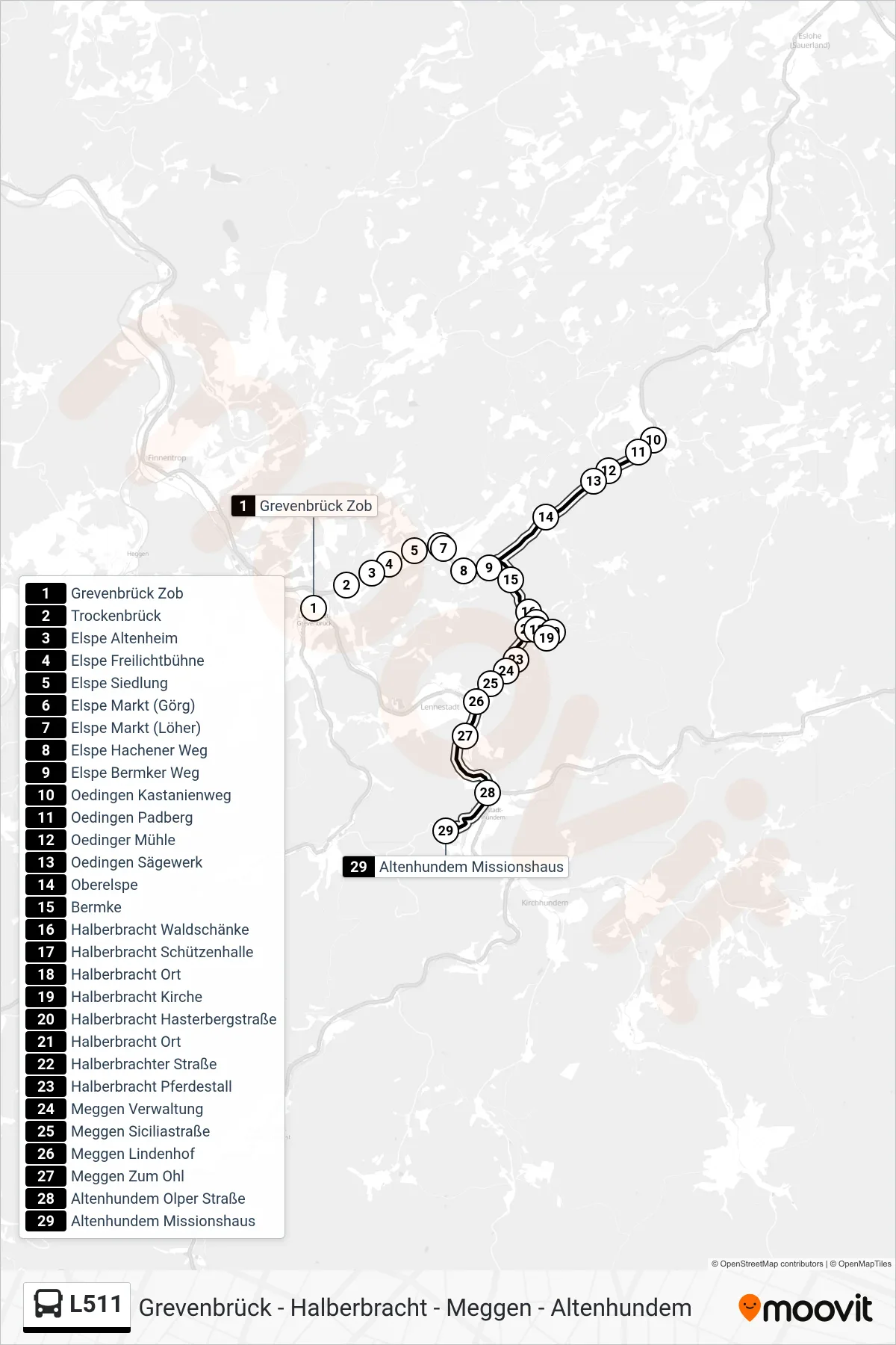 L511 bus Line (Altenhundem Missionshaus) route and stops on a map