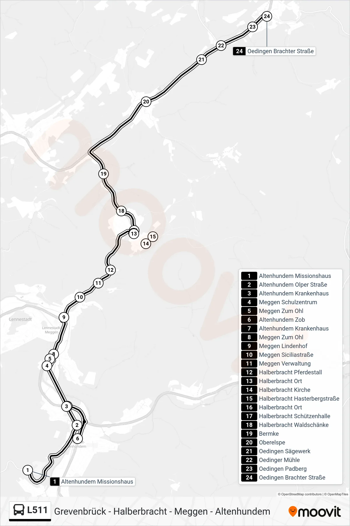 L511 bus Line (Oedingen Brachter Straße) route and stops on a map