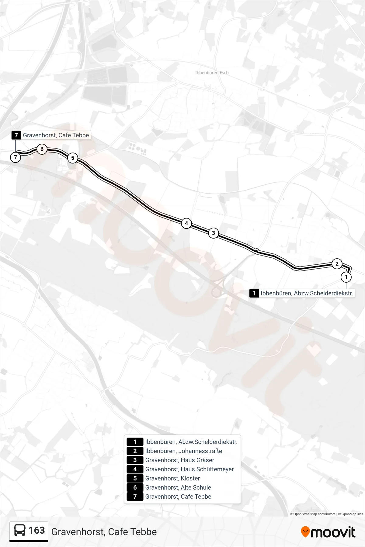 Linie 163 (Bus) Richtung Gravenhorst, Cafe Tebbe: Route und Haltestellen auf der Karte