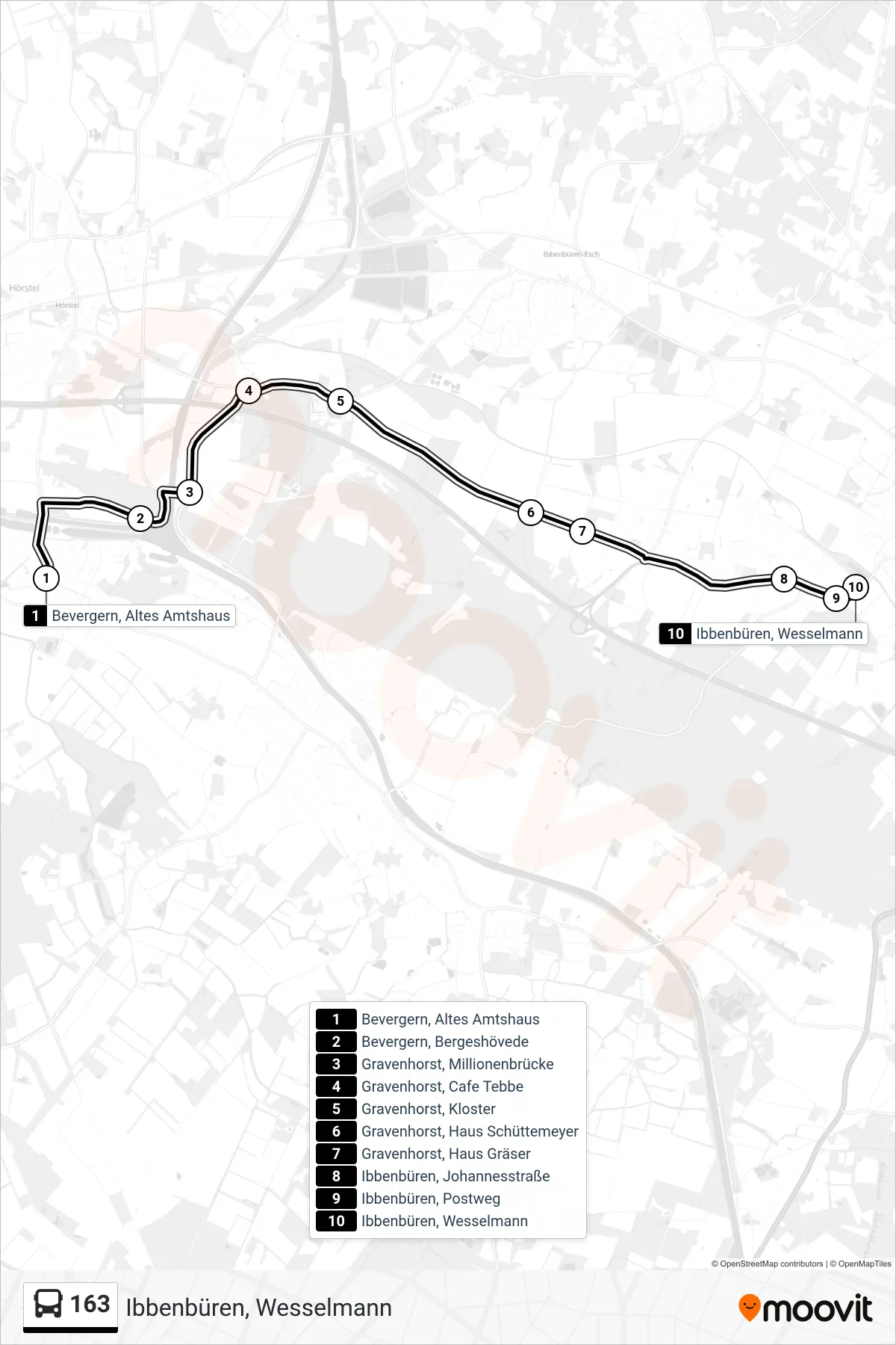 163 bus Line (Ibbenbüren, Wesselmann) route and stops on a map
