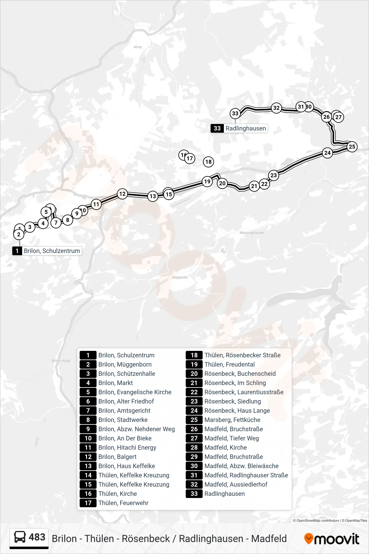 483 bus Line (Radlinghausen) route and stops on a map