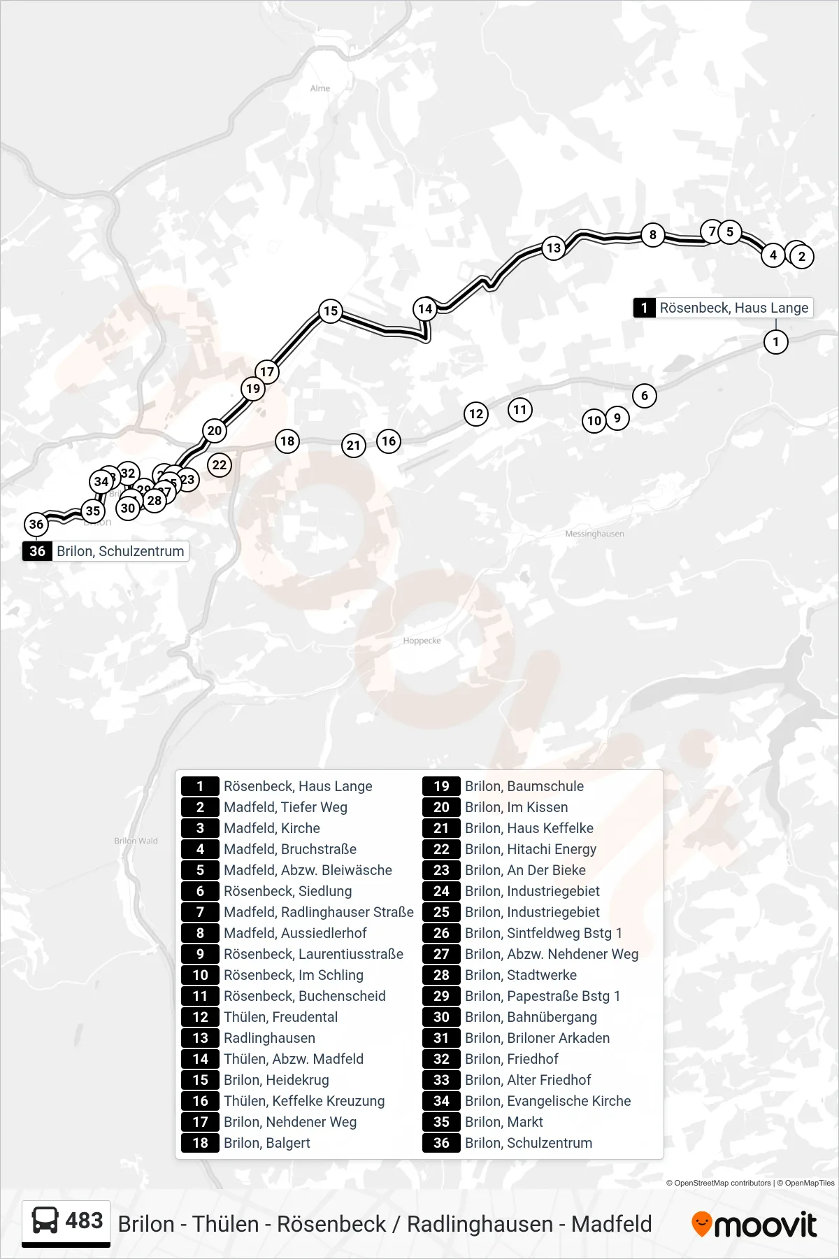 Linie 483 (Bus) Richtung Brilon, Schulzentrum D: Route und Haltestellen auf der Karte