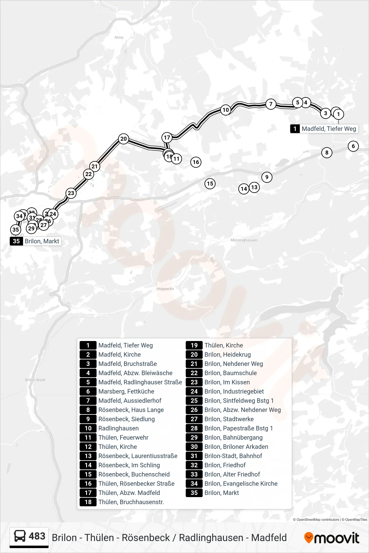 483 bus Line (Brilon, Markt Bstg. A) route and stops on a map