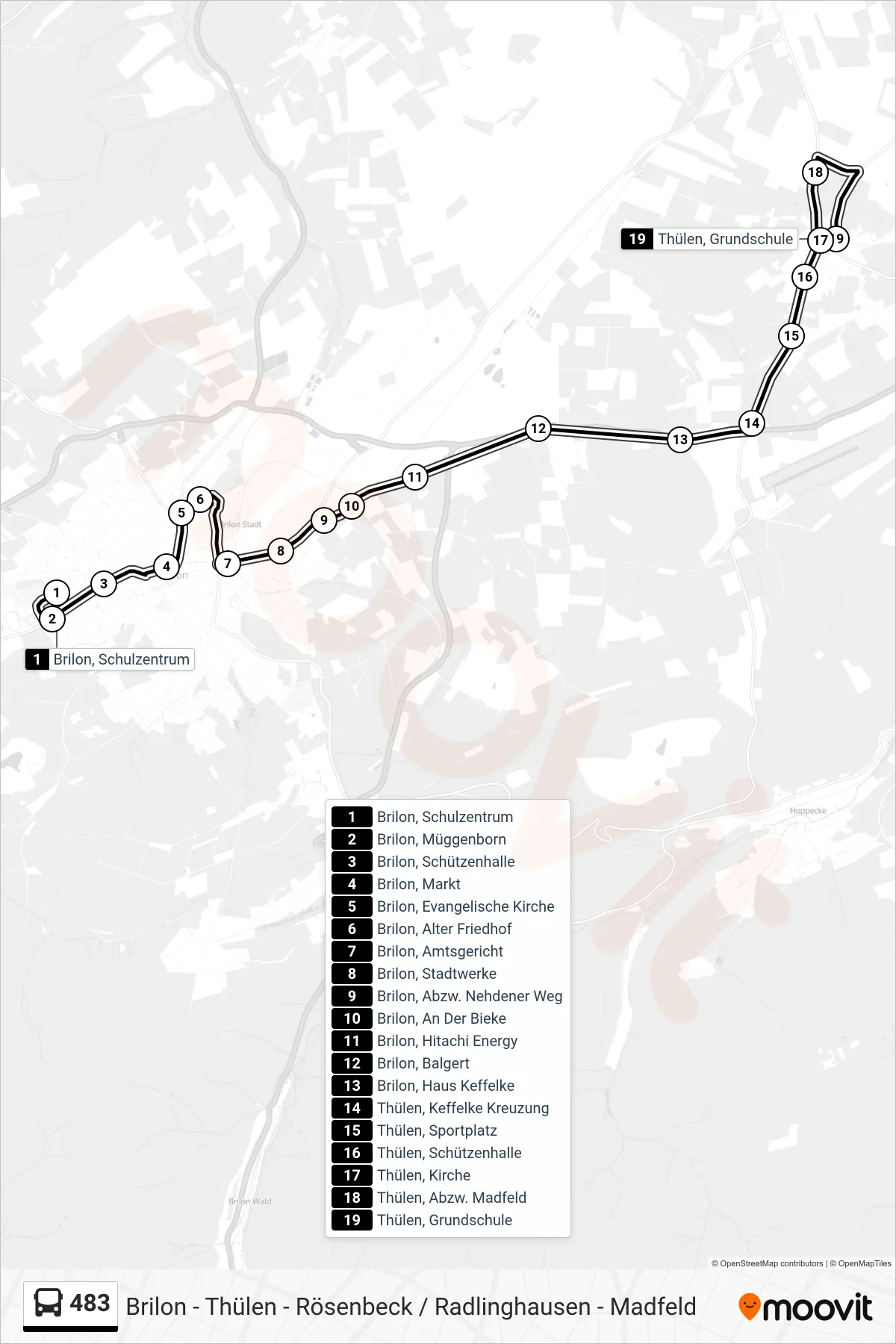 483 bus Line (Thülen, Grundschule) route and stops on a map