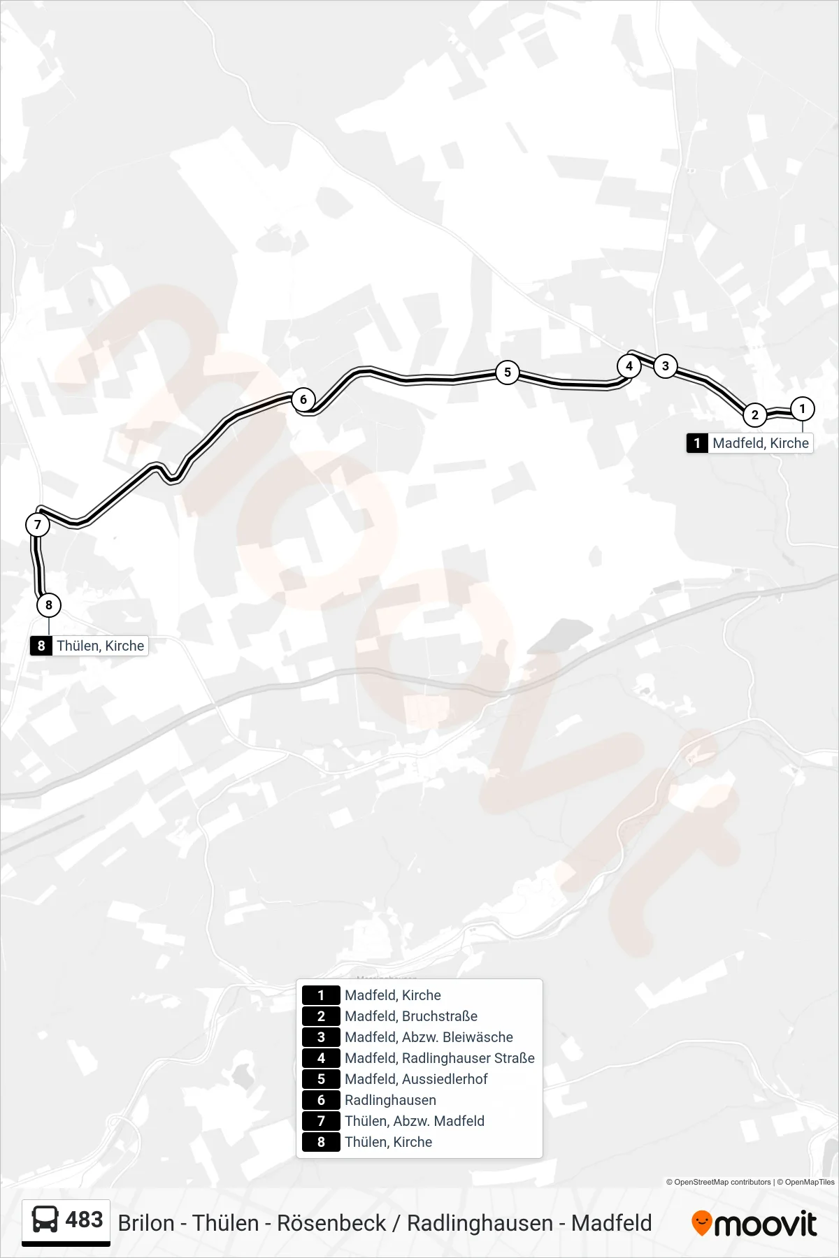 Linie 483 (Bus) Richtung Thülen, Kirche: Route und Haltestellen auf der Karte