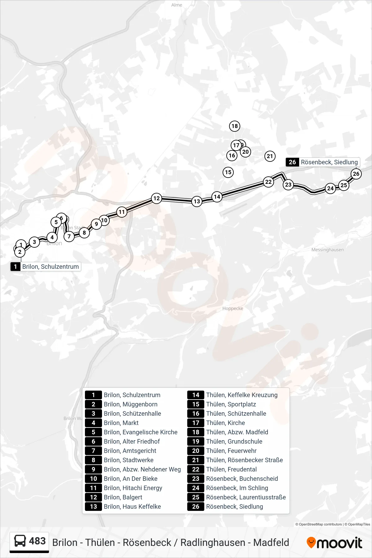 Linie 483 (Bus) Richtung Rösenbeck, Siedlung: Route und Haltestellen auf der Karte