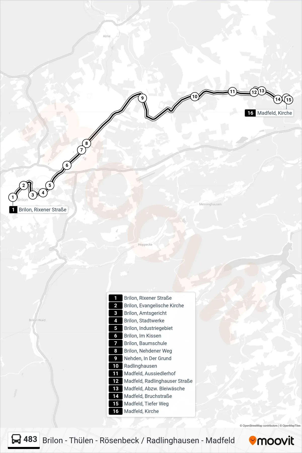 483 bus Line (Madfeld, Kirche) route and stops on a map