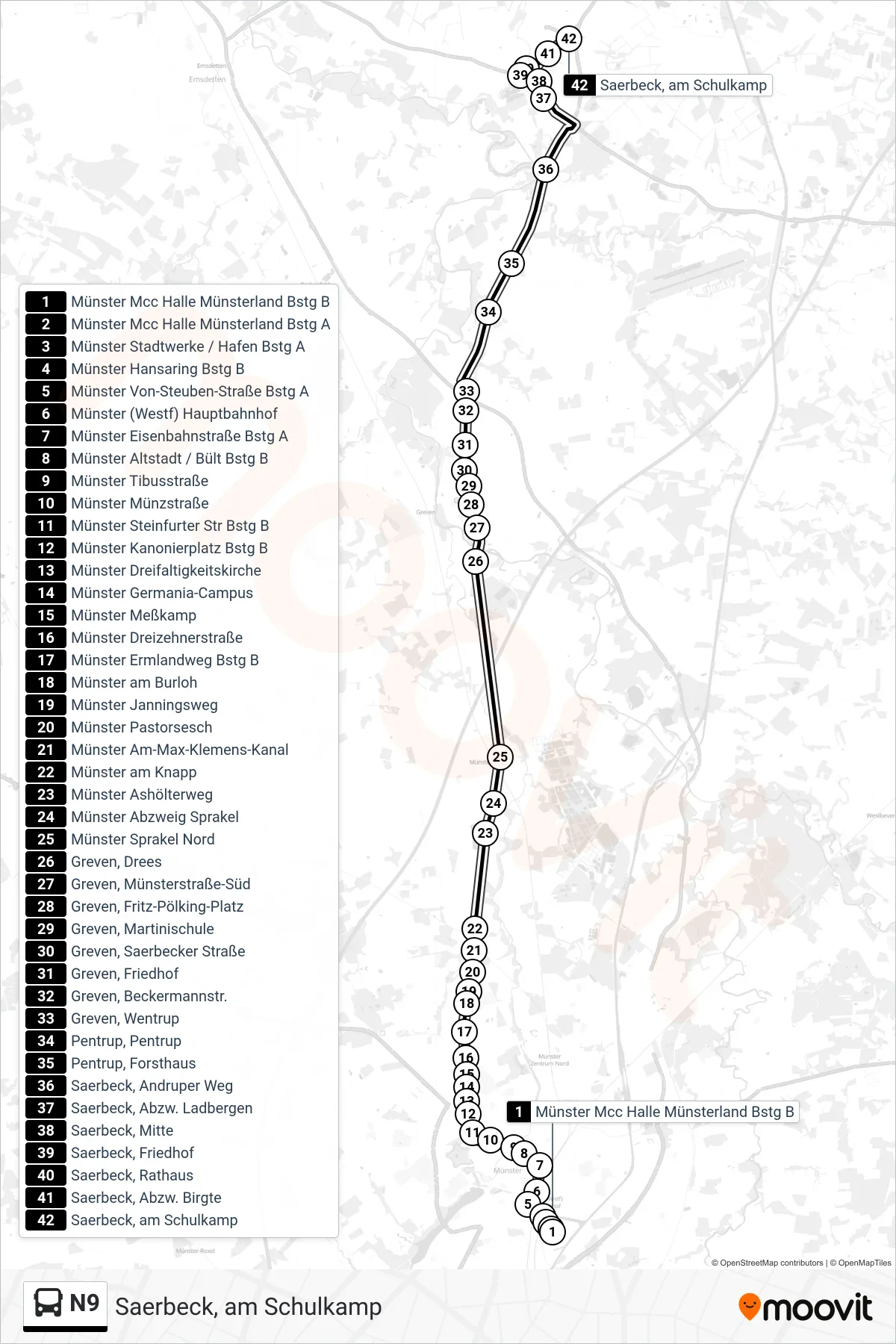 Linie N9 (Bus) Richtung Saerbeck, am Schulkamp: Route und Haltestellen auf der Karte