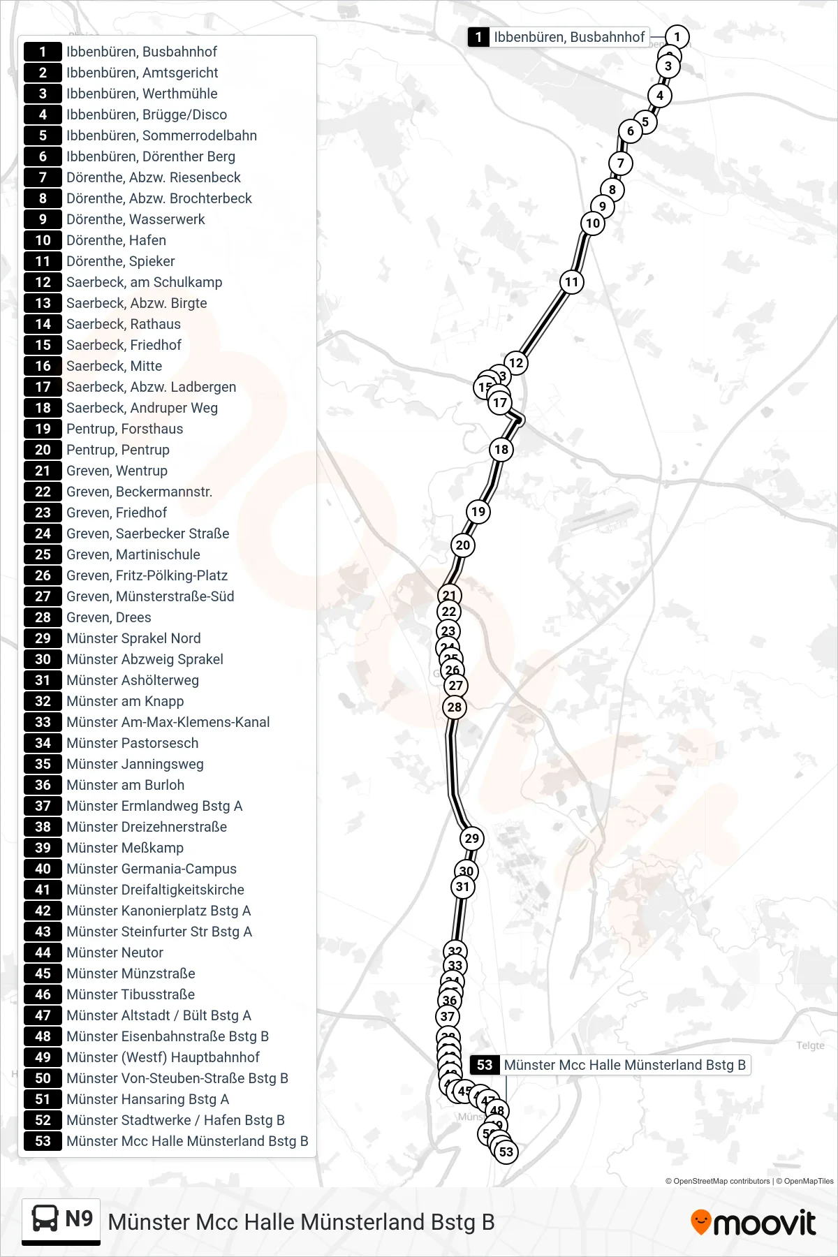 N9 bus Line (Münster Mcc Halle Münsterland Bstg B) route and stops on a map