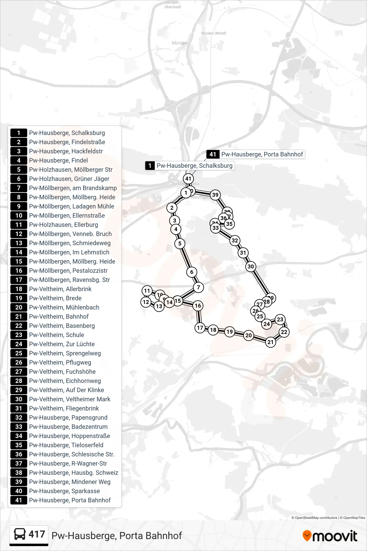 417 bus Line (Pw-Hausberge, Porta Bahnhof) route and stops on a map