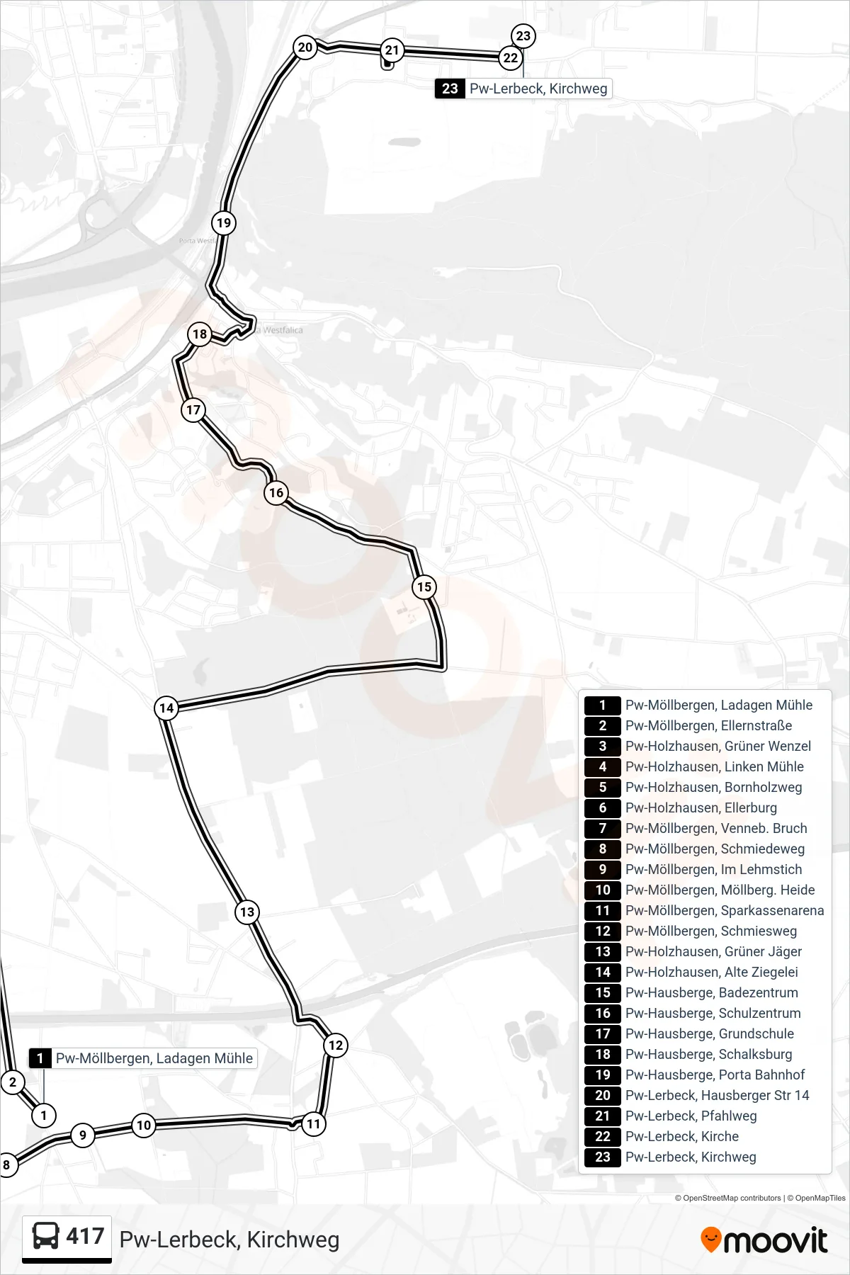 Linie 417 (Bus) Richtung Pw-Lerbeck, Kirchweg: Route und Haltestellen auf der Karte
