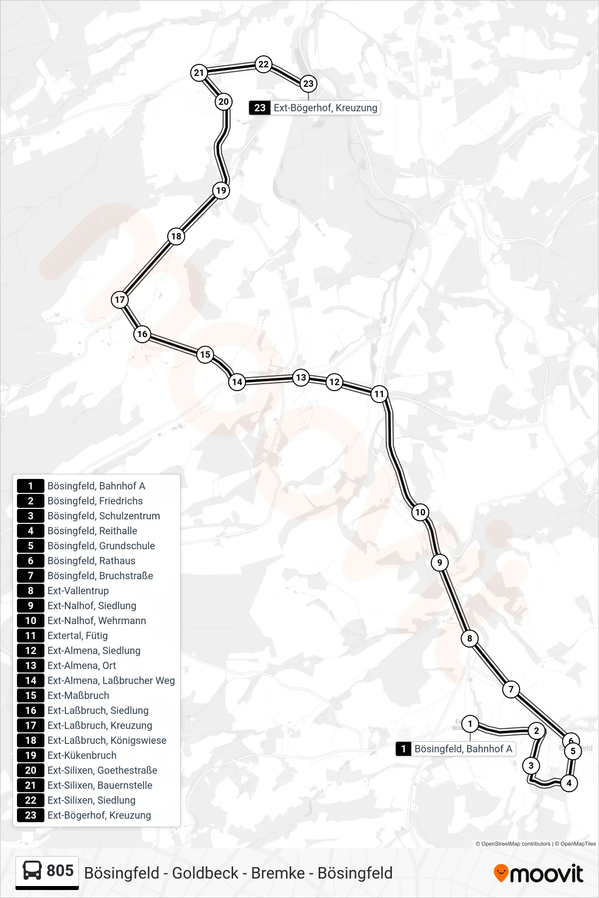 805 bus Line (Silixen) route and stops on a map