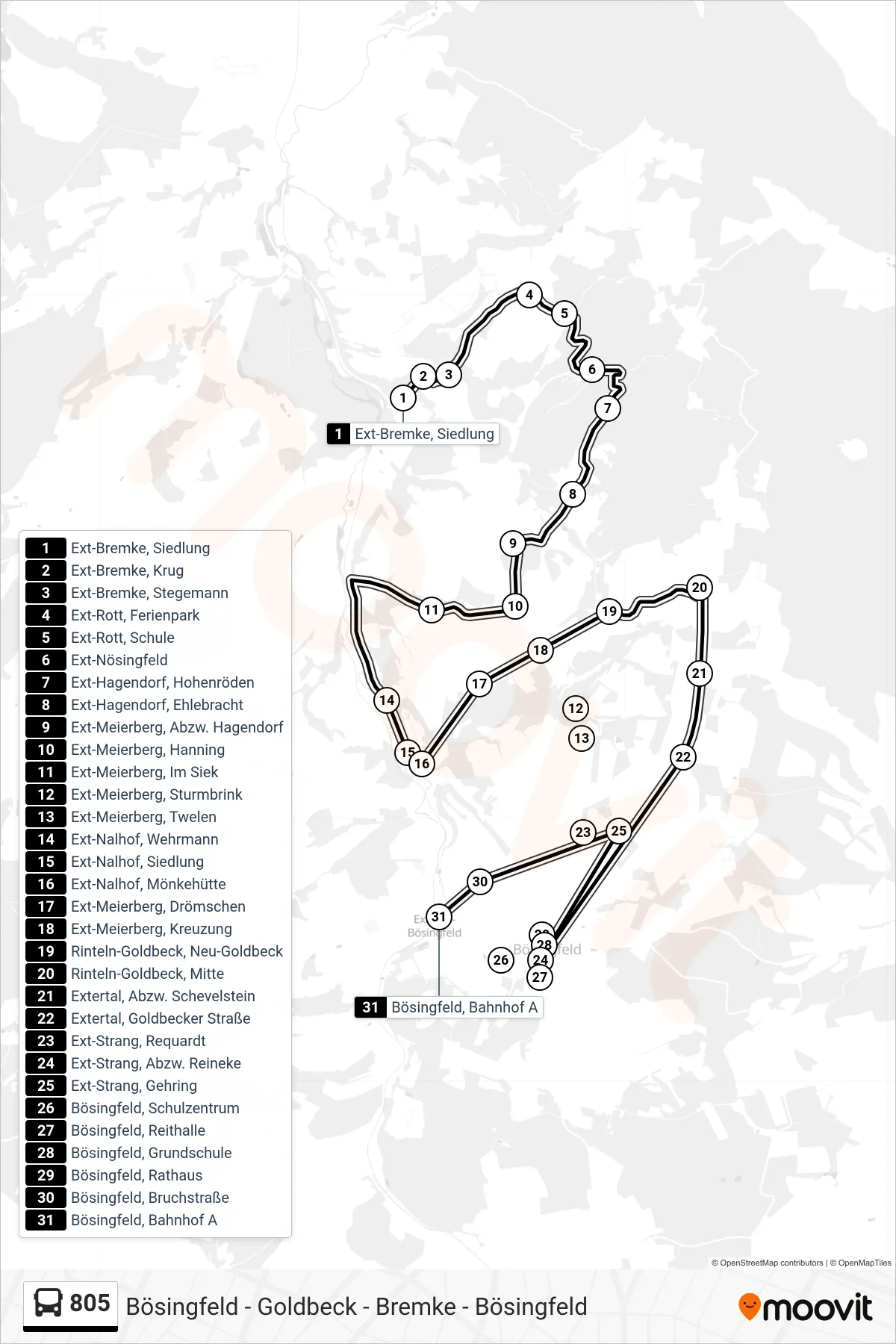 Linie 805 (Bus) Richtung Bösingfeld: Route und Haltestellen auf der Karte