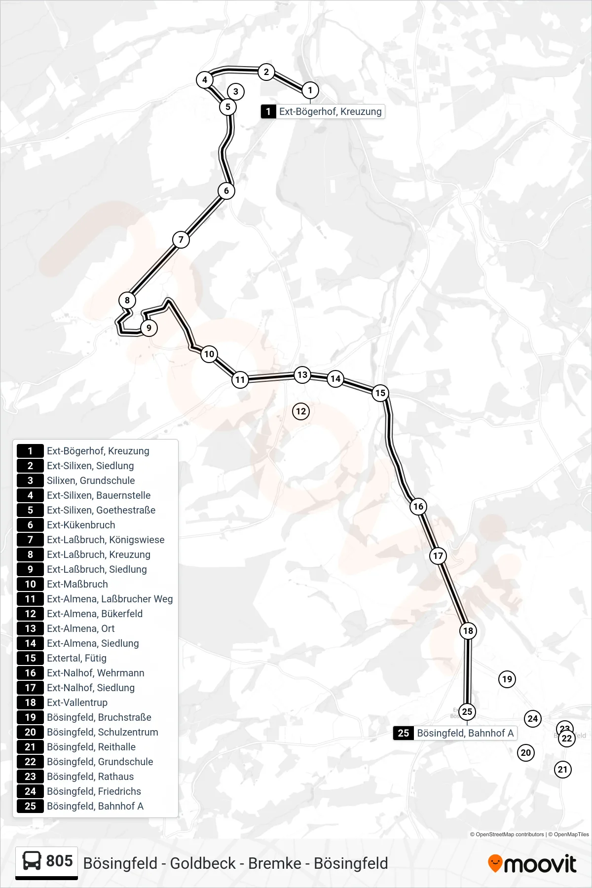 805 bus Line (Bösingfeld) route and stops on a map
