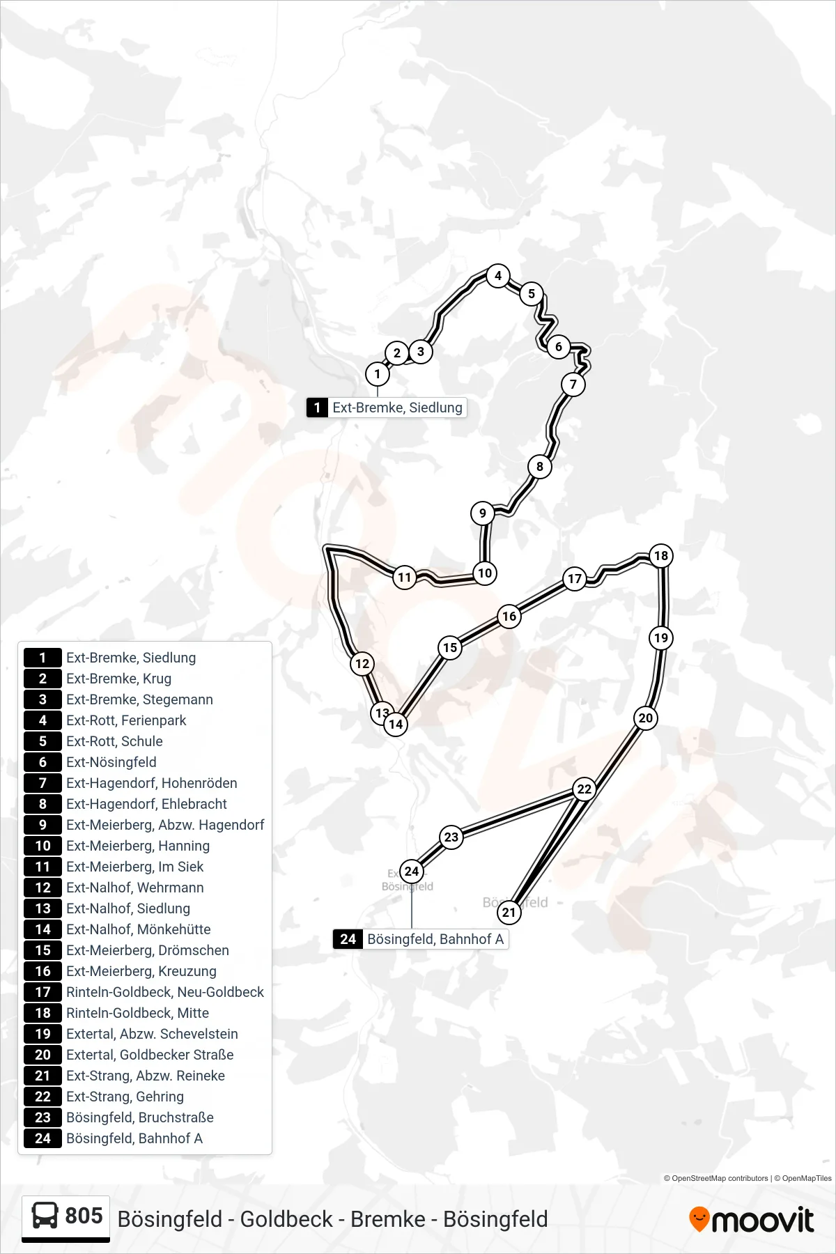 805 bus Line (Bösingfeld, Bahnhof A) route and stops on a map