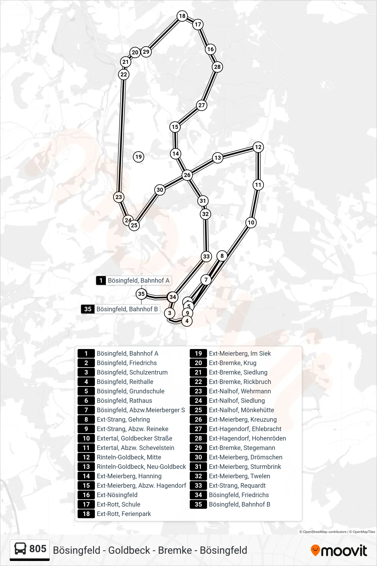 805 bus Line (Bösingfeld, Bahnhof B) route and stops on a map