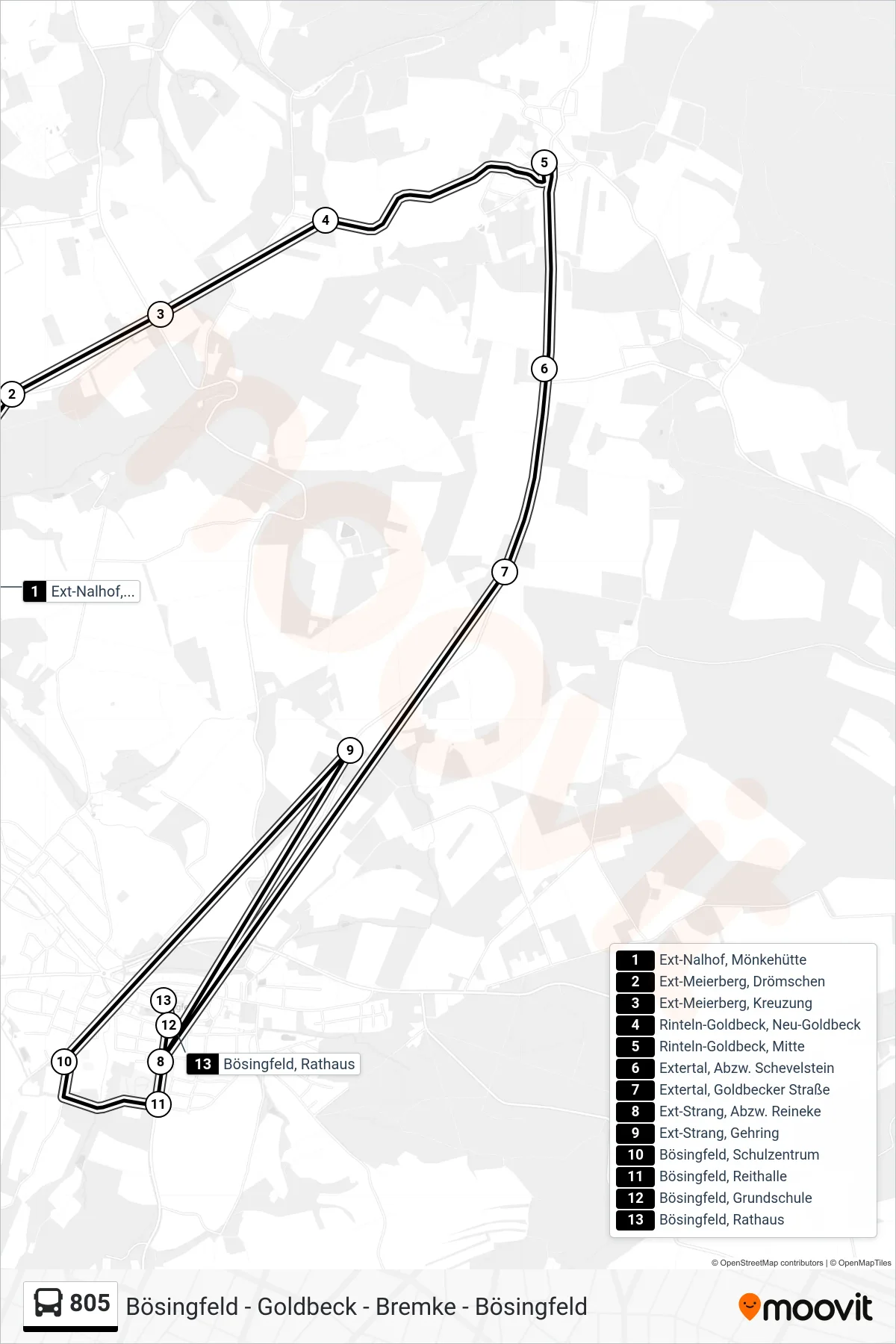 805 bus Line (Bösingfeld, Rathaus) route and stops on a map
