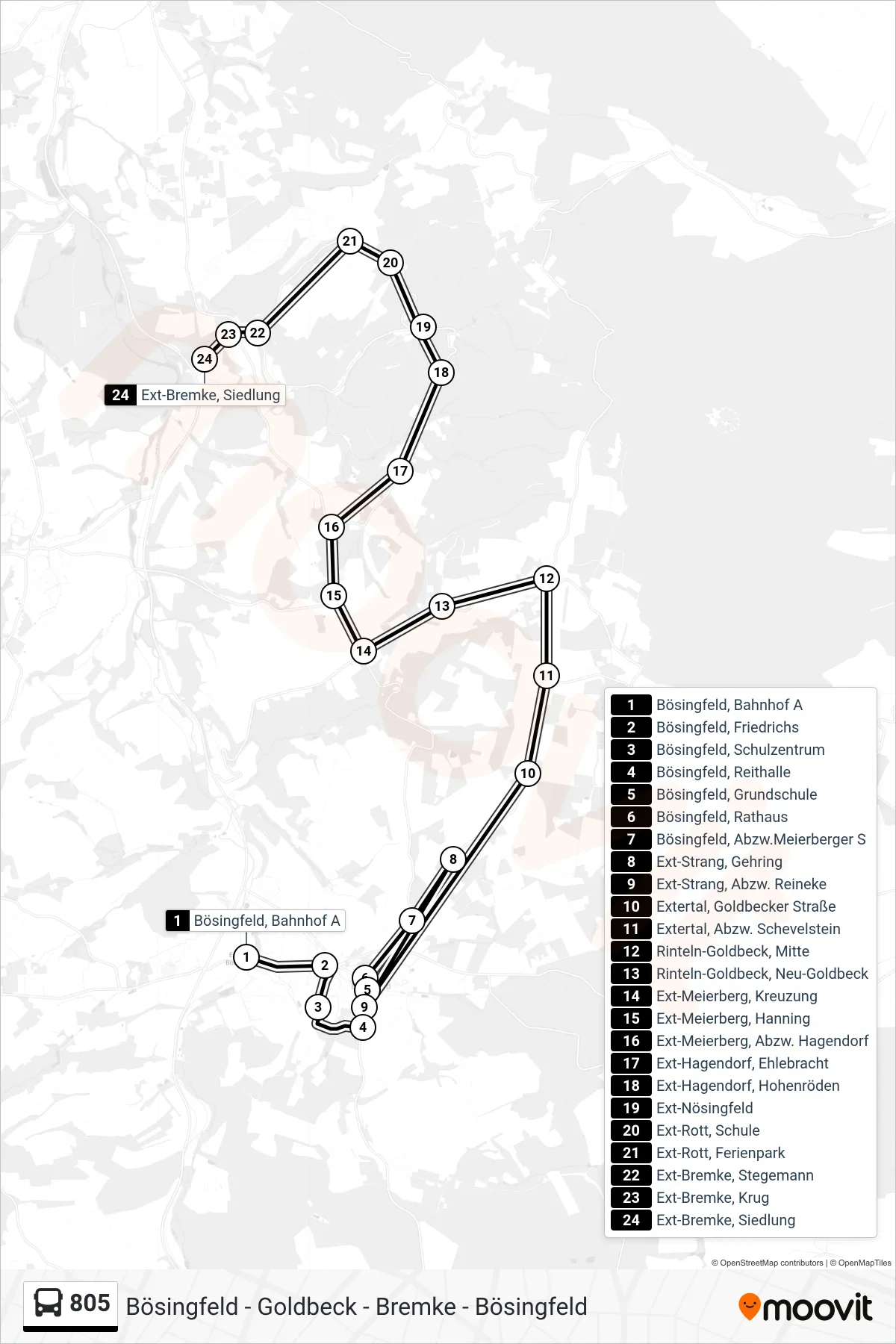 805 bus Line (Ext-Bremke, Siedlung) route and stops on a map