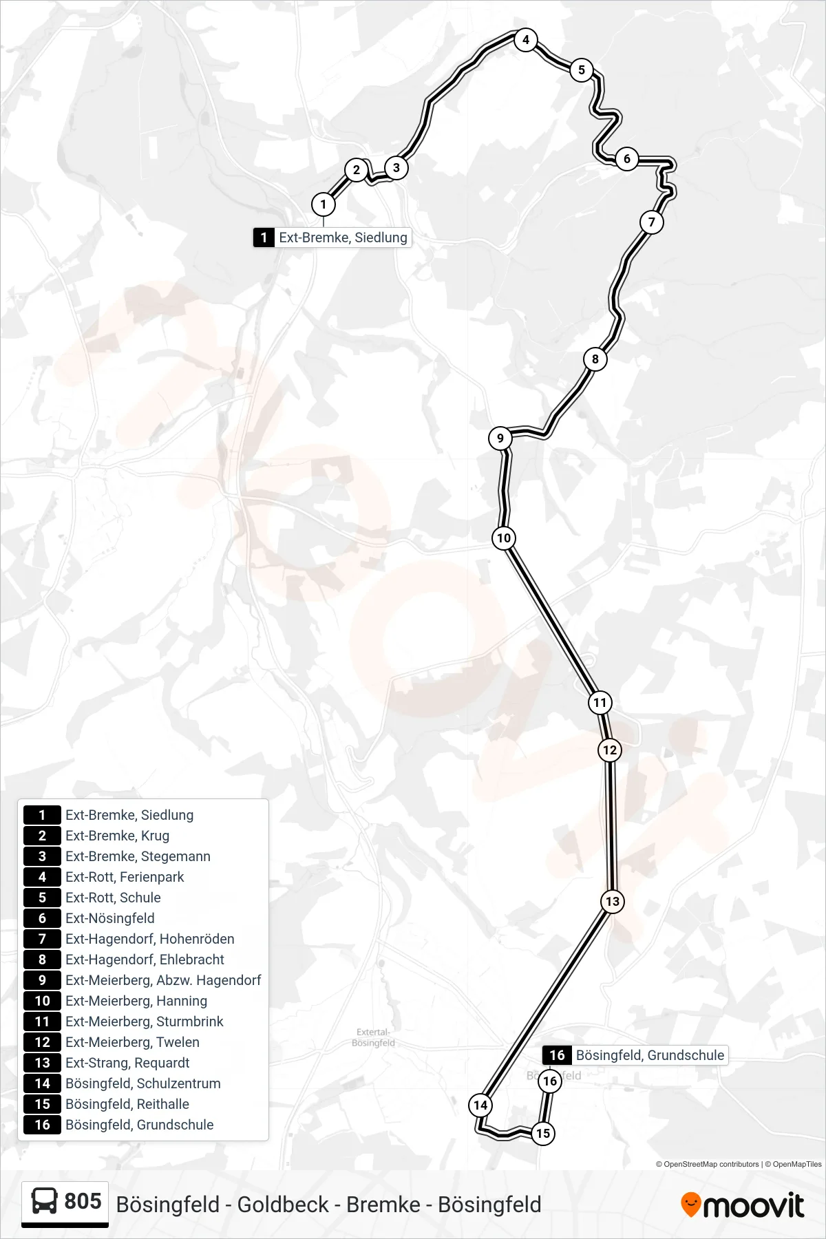 805 bus Line (Bösingfeld, Grundschule) route and stops on a map
